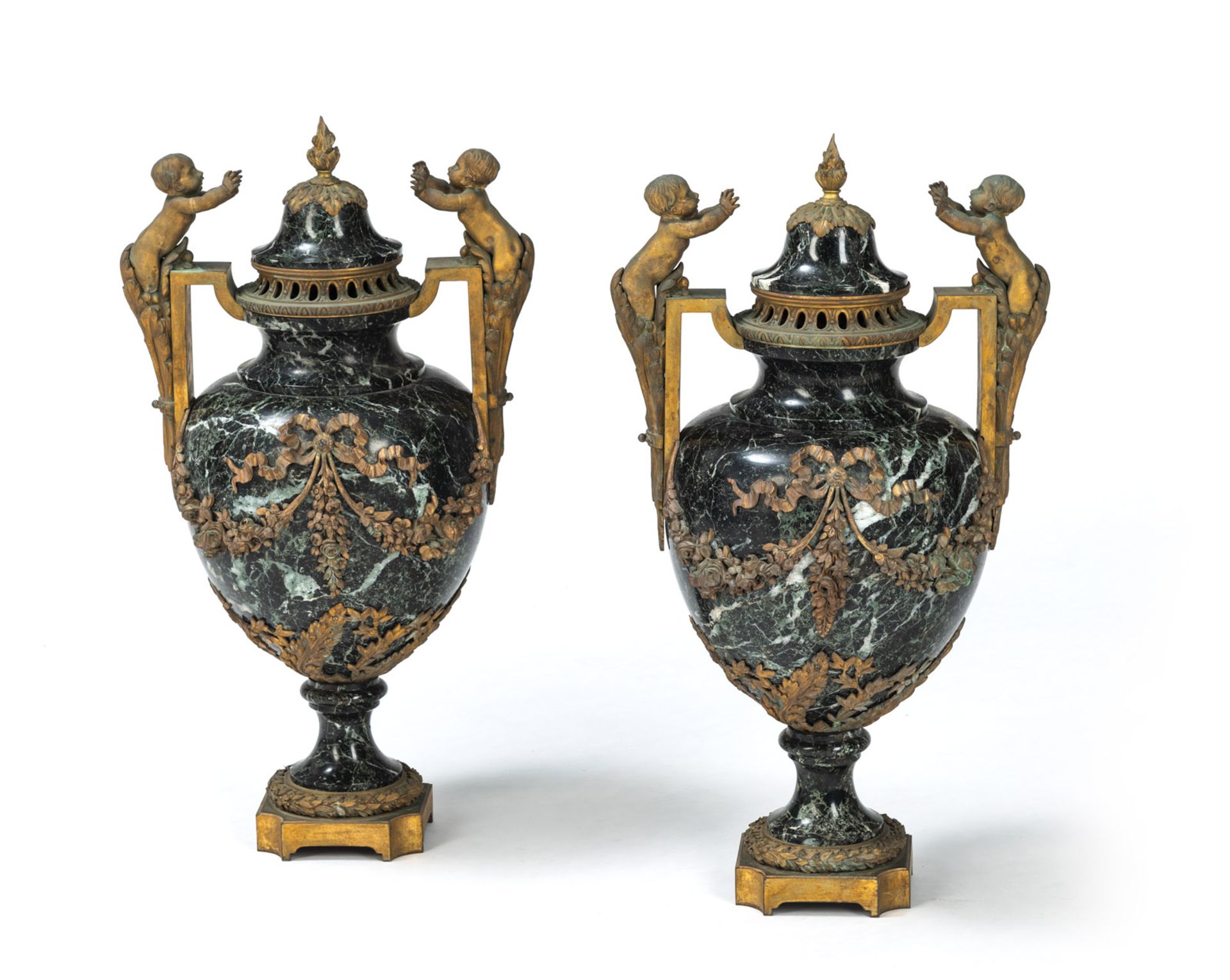A PAIR OF FRENCH ORMOLU MOUNTED VERT DE MER MARBLE TWO-HANDLED VASES