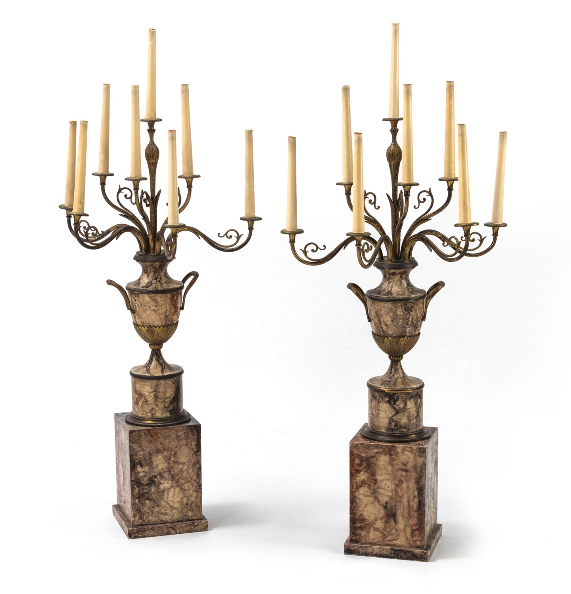 A PAIR OF EIGHT LIGHT PAINTED METAL BRASS AND WOOD CANDELABRA "ARTE POVERA"