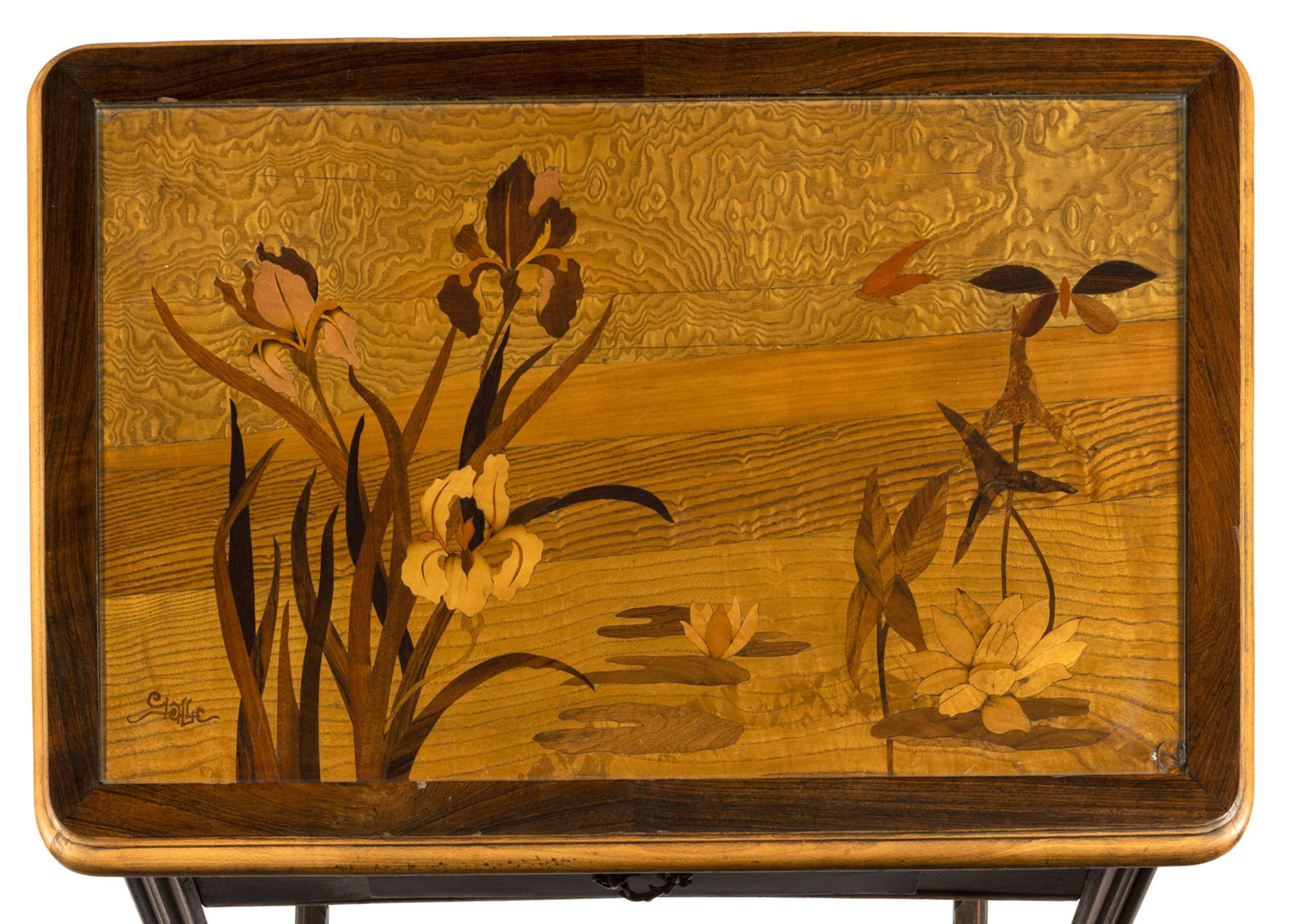 AN ART NOUVEAU FLORAL TOOLED PALISANDER, OAKWOOD, MAHOGANY, ROOTWOOD AND ASH WRITING DESK - Image 7 of 8