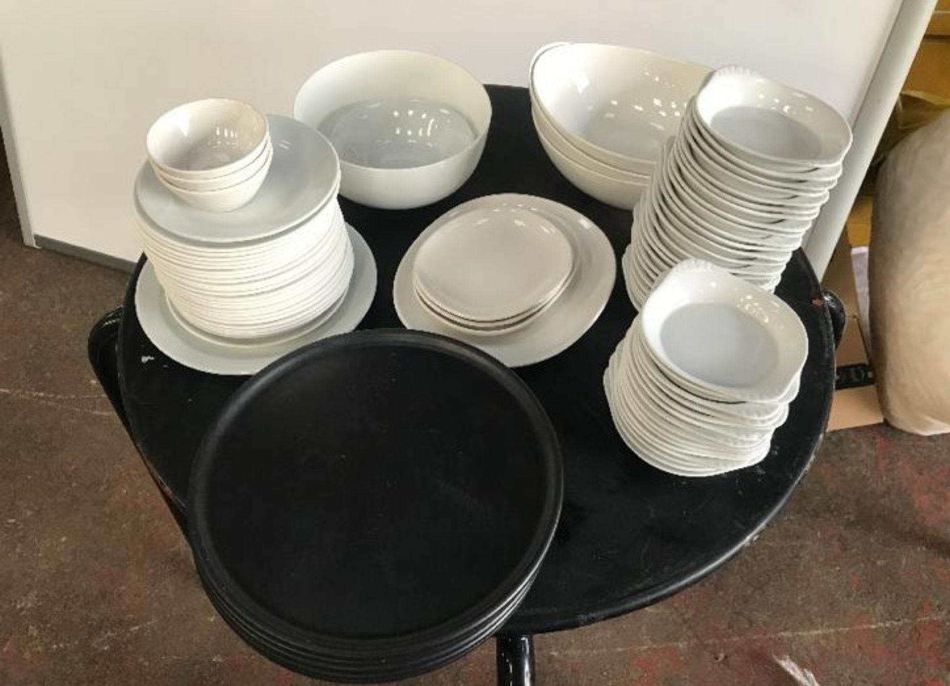 Variety of white plates, bowls, dishes & trays