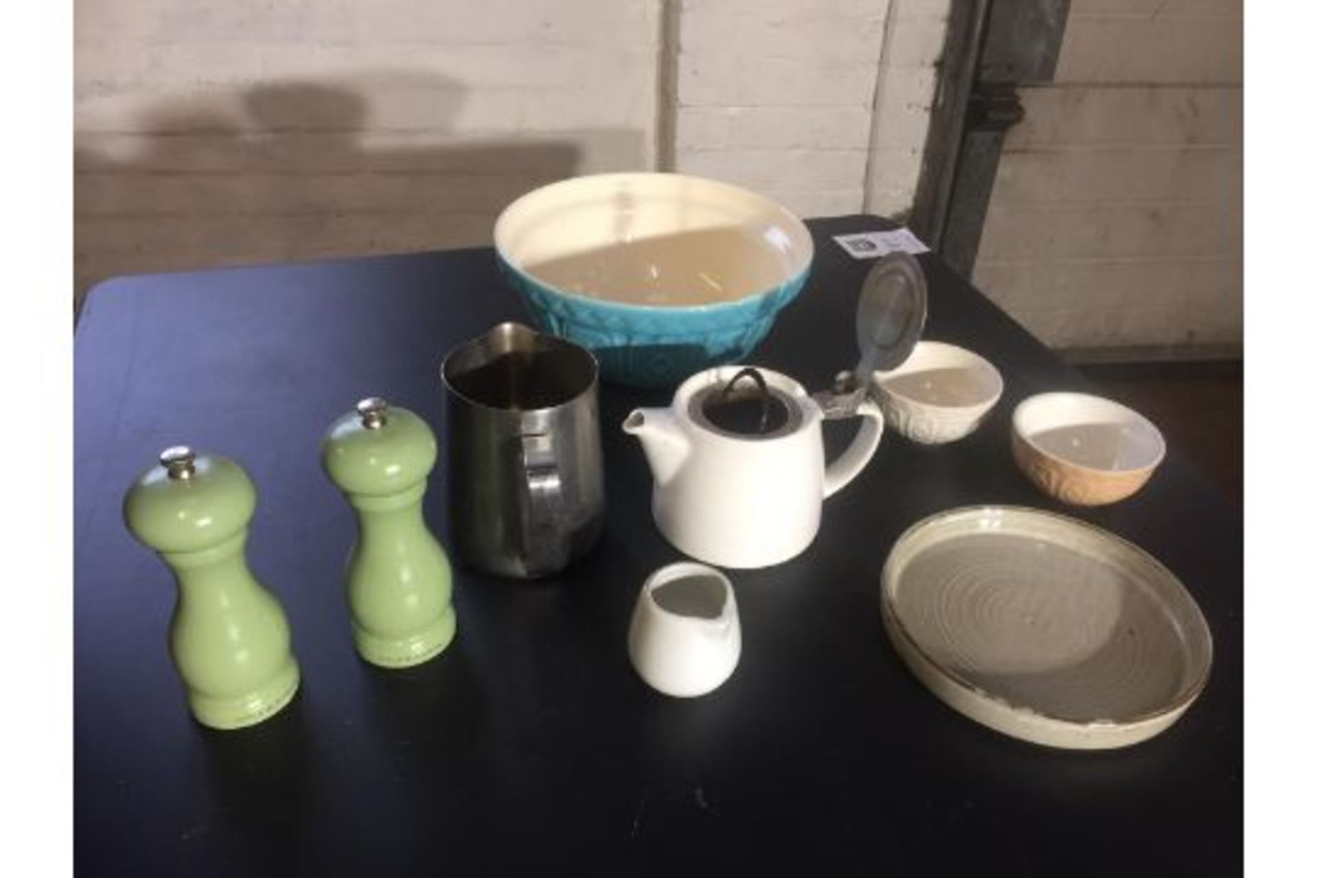 Bill plates, salt and pepper grinders, side bowls, small bowls, metal small milk jars, desert plates