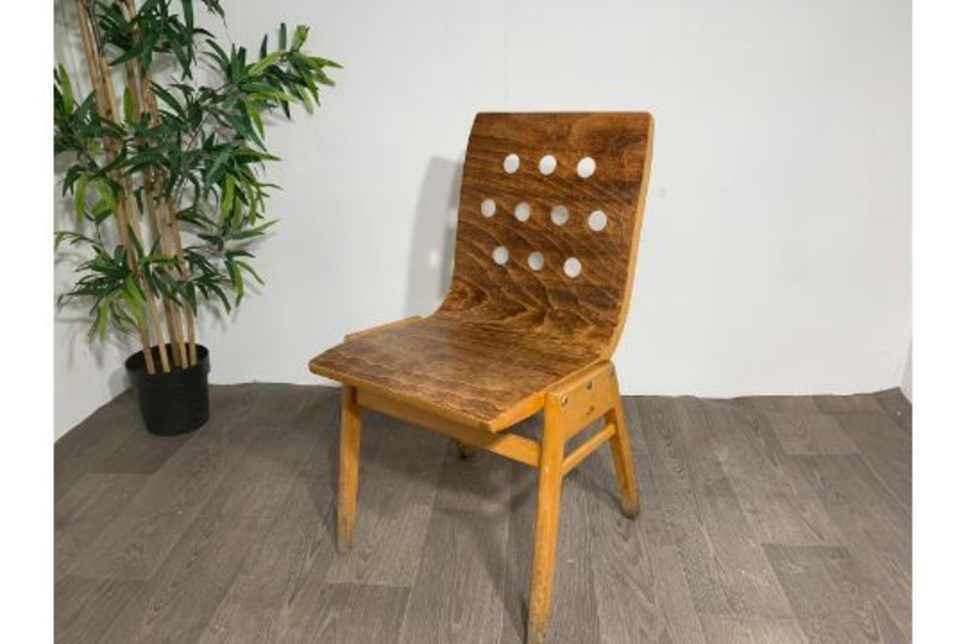 Mid Century Wooden Chair With Hole Detail x2 - Image 2 of 8