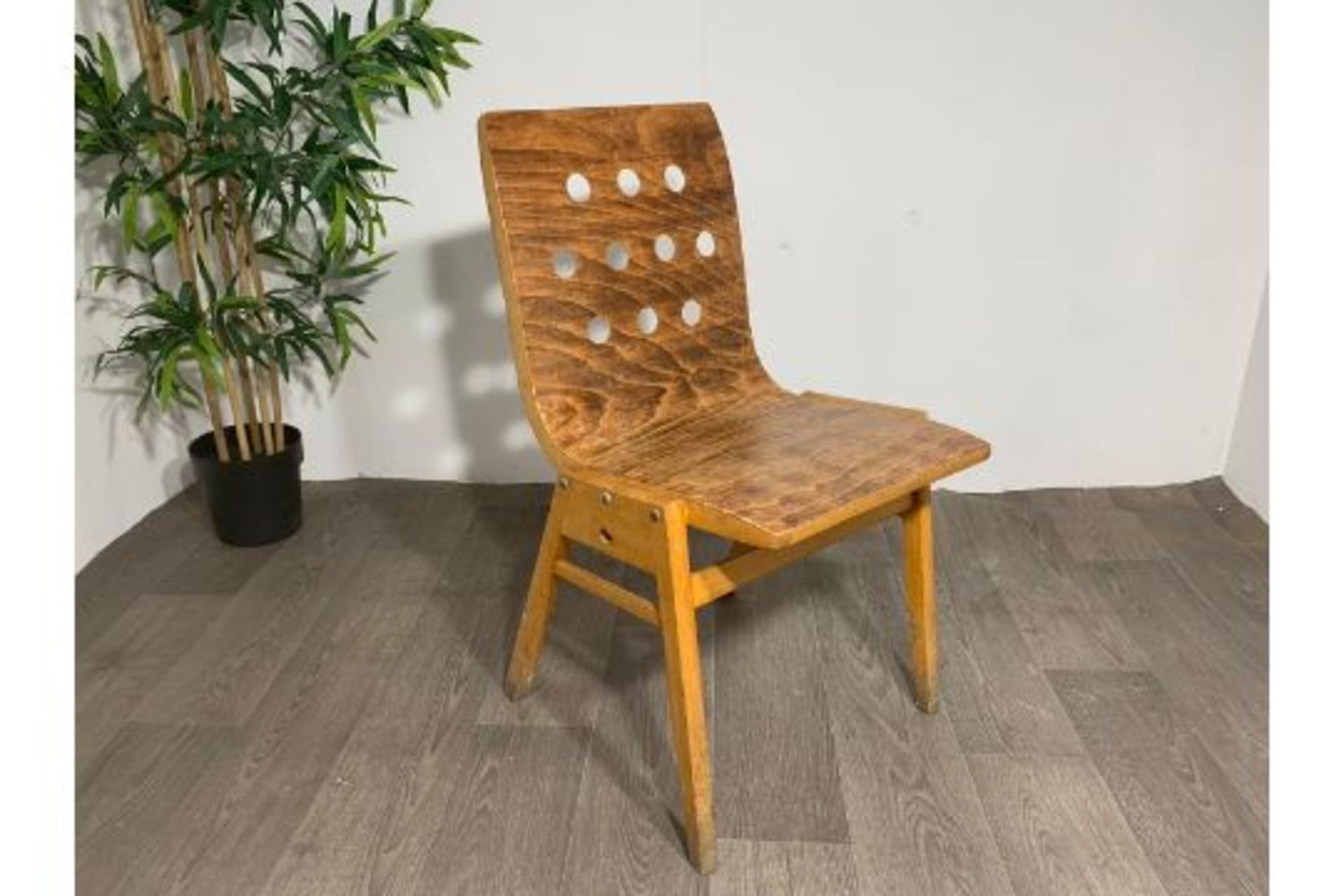 Mid Century Wooden Chair With Hole Detail x2 - Image 6 of 7