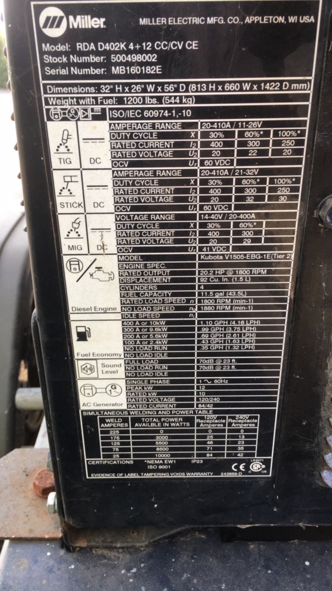 Miller RDA D402K 4+12 CC/CV DC diesel welder - Image 7 of 12