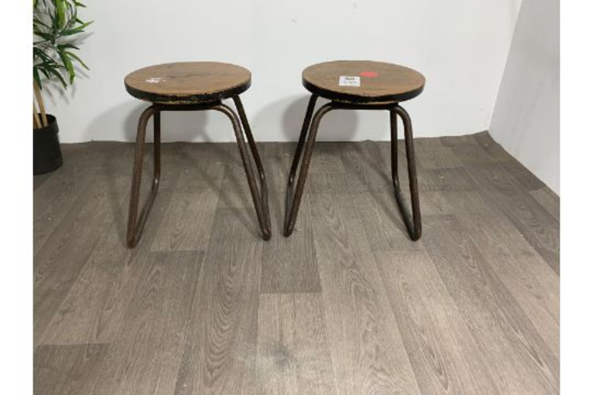 Industrial Style Wooden Stool with Steel Legs x2
