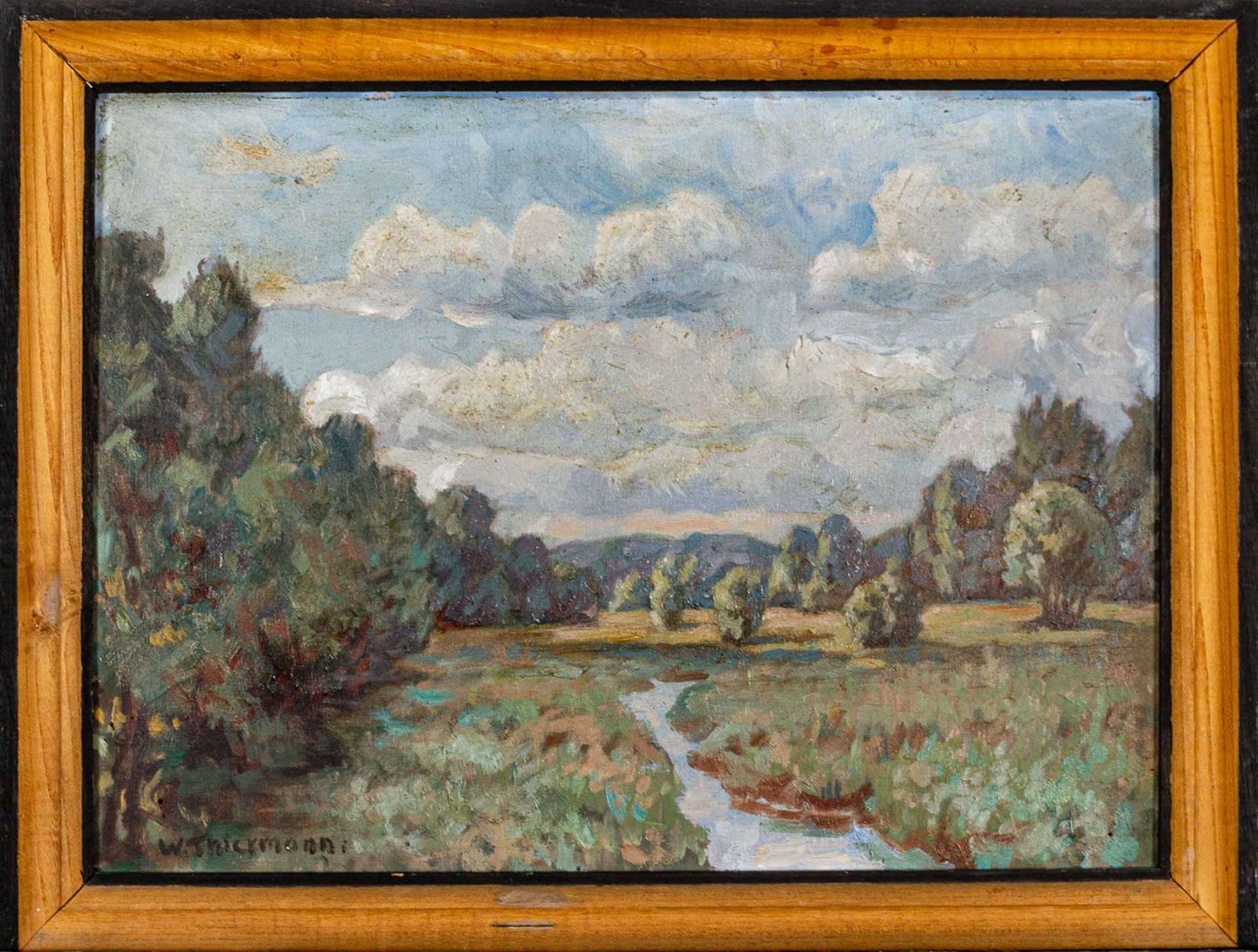 "Landschaft mit Bachlauf" - Gemälde, Öl auf Platte, ca. 31 x 41 cm, unten links