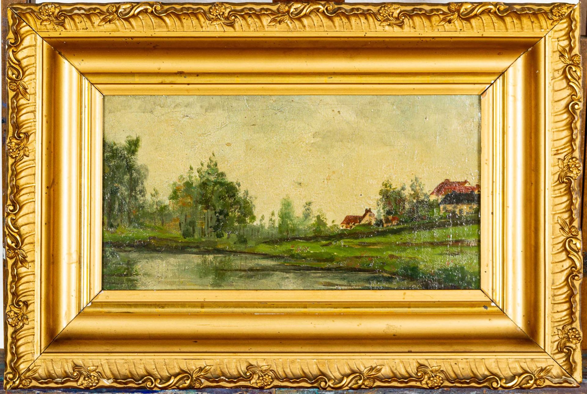 "Idyllisches kleines Dorf mit Weiher"- Laienmalerei um 1900, Öl auf Karton, ca.