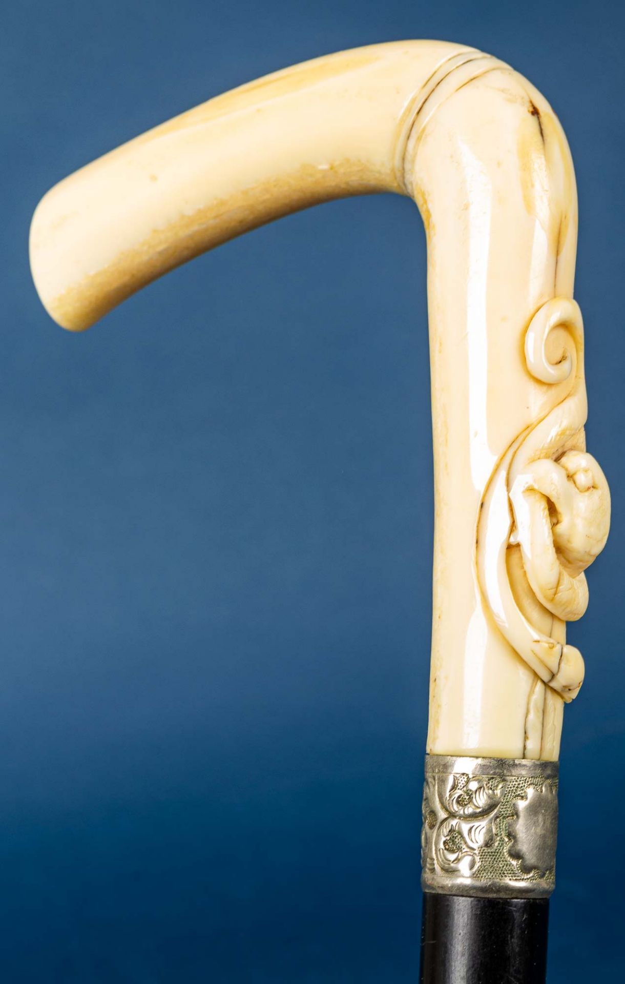 Antiker Flanierstock, ebonisierter Holzschuss, Griff aus Elfenbein mit faunalem - Bild 5 aus 10