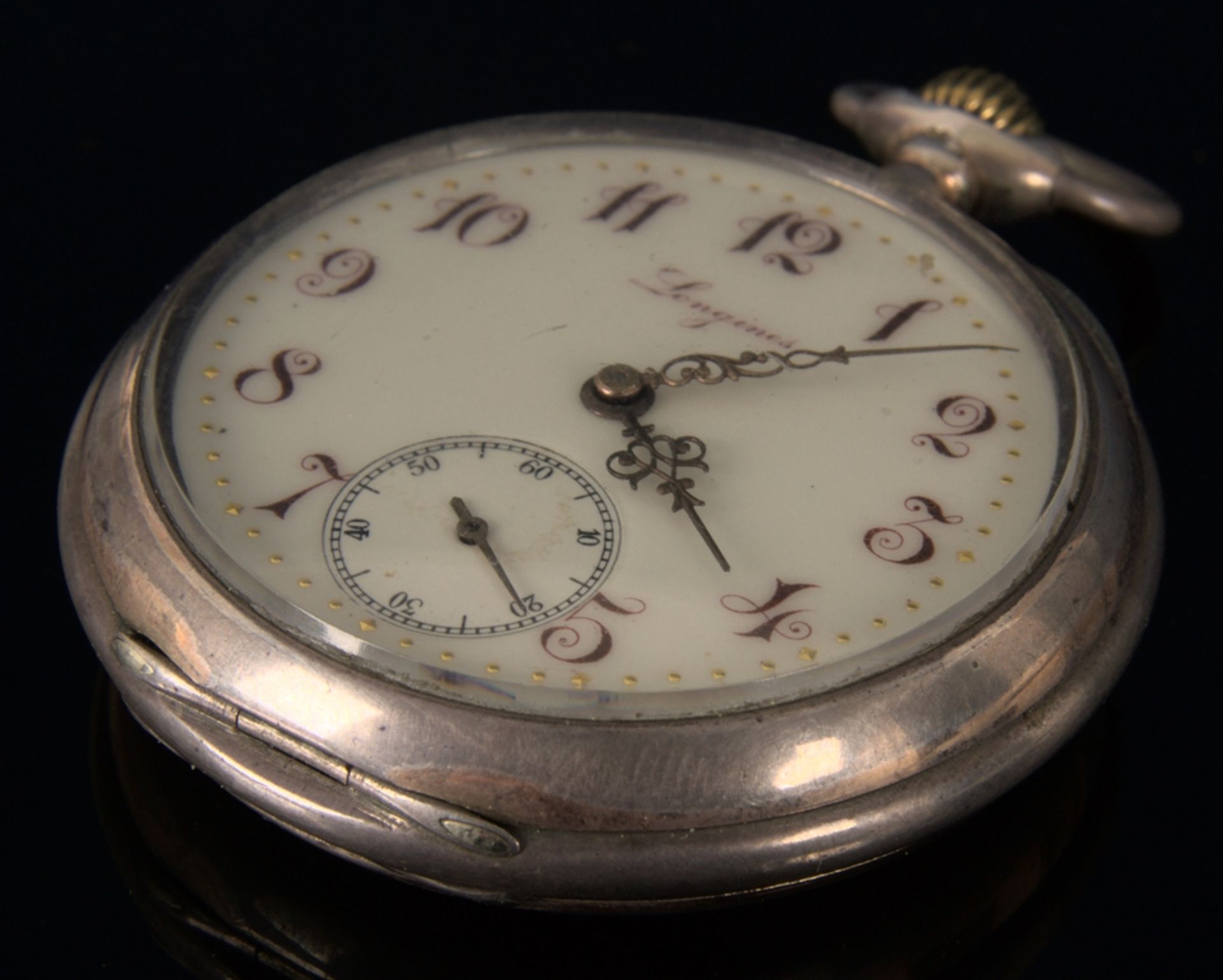 Antike offene LONGINES Herrentaschenuhr um 1890, vergoldetes Uhrwerk läuft an,