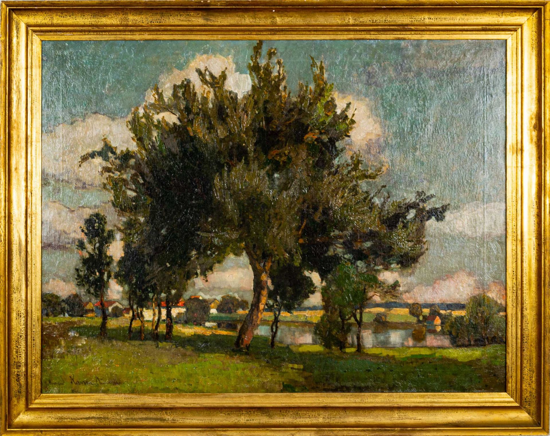 "Sommerliche Flusslandschaft am Dorfrand" - Gemälde, Öl auf Leinwand, ca. 77 x