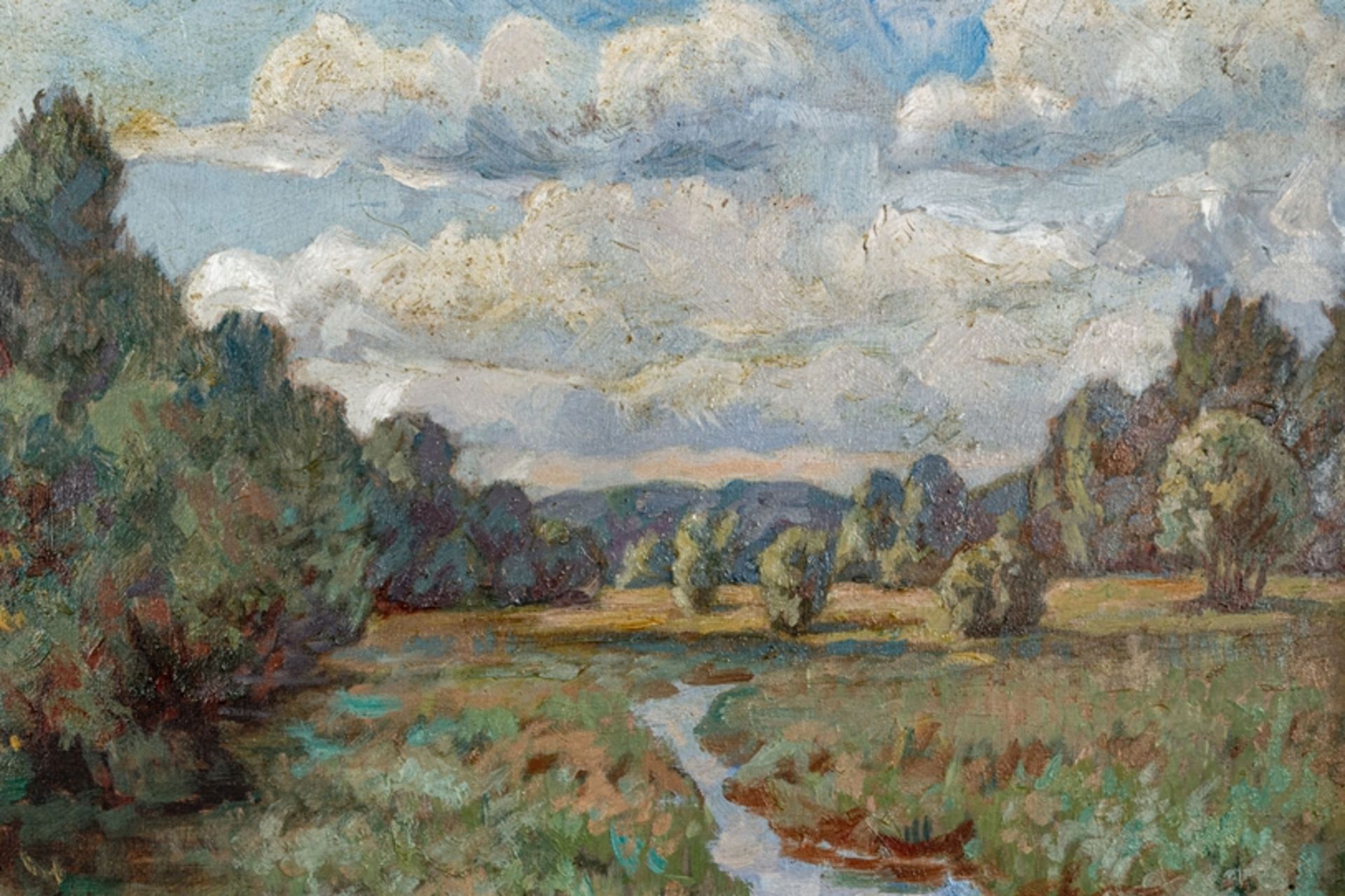 "Landschaft mit Bachlauf" - Gemälde, Öl auf Platte, ca. 31 x 41 cm, unten links - Image 3 of 5