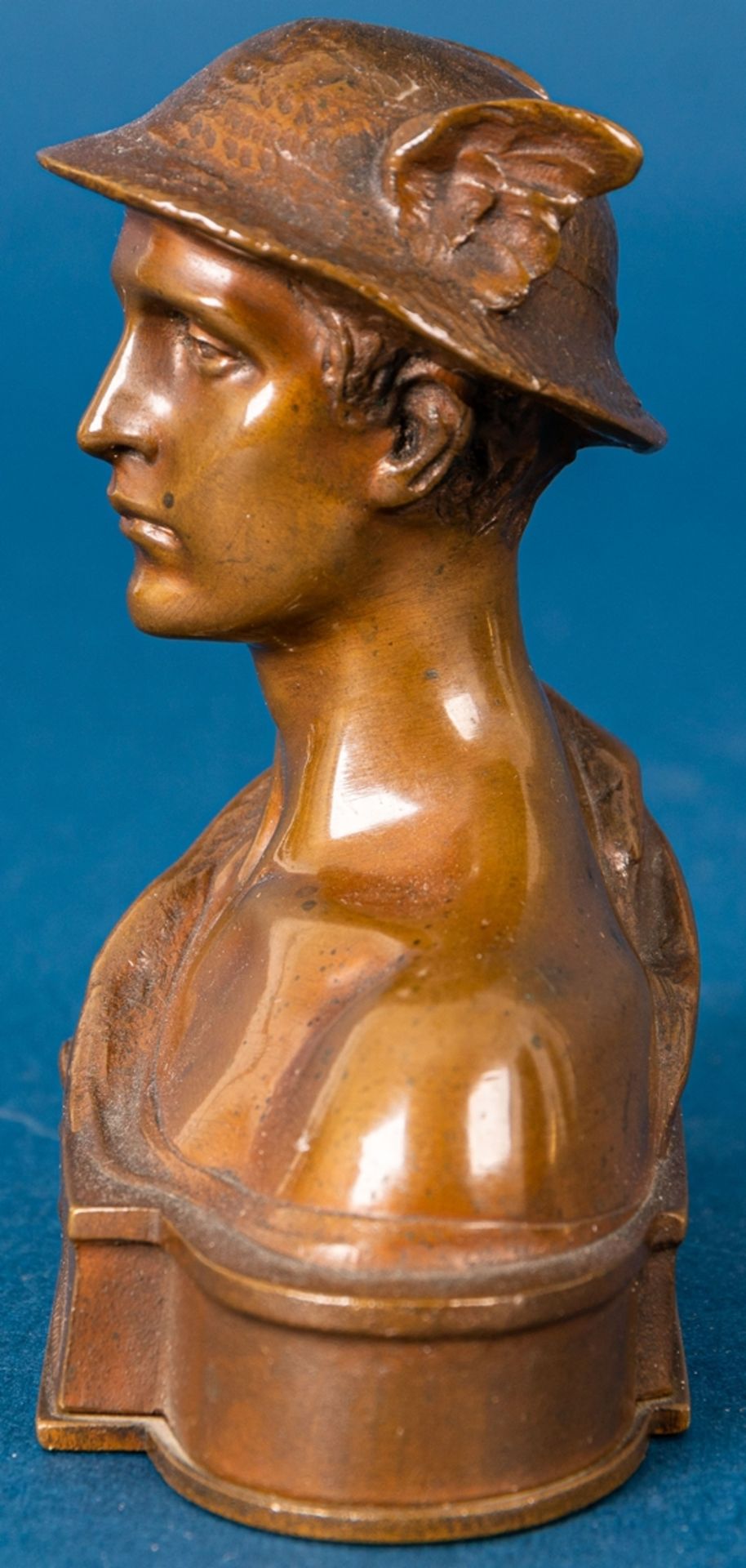 Kleine "HERMES"-Büste, ca. 10 x 10 cm, bronzierter Metallguss, unbezeichnet, um - Image 3 of 12