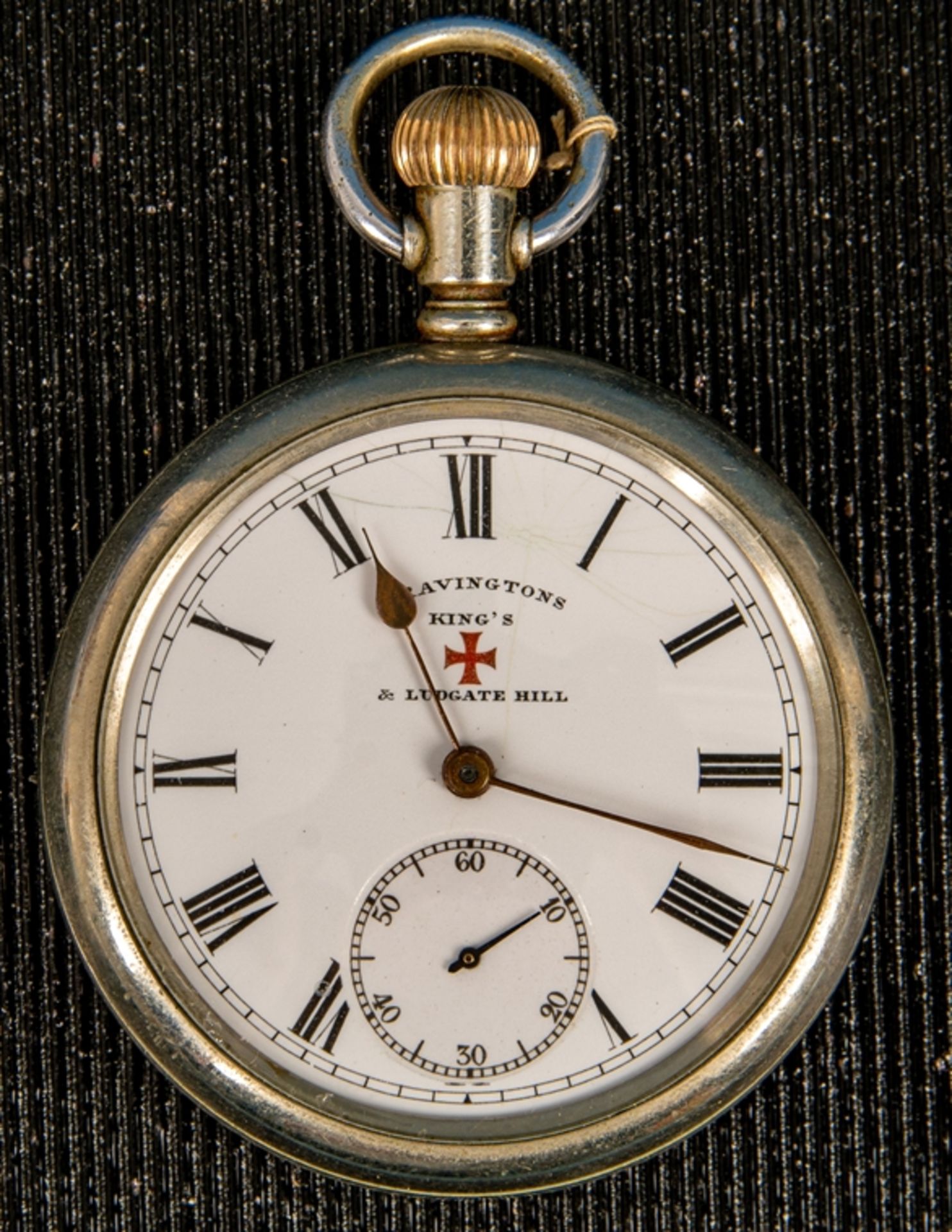 Offene britische Herrentaschenuhr, weißes Emaille- Ziffernblatt mit römischen Z