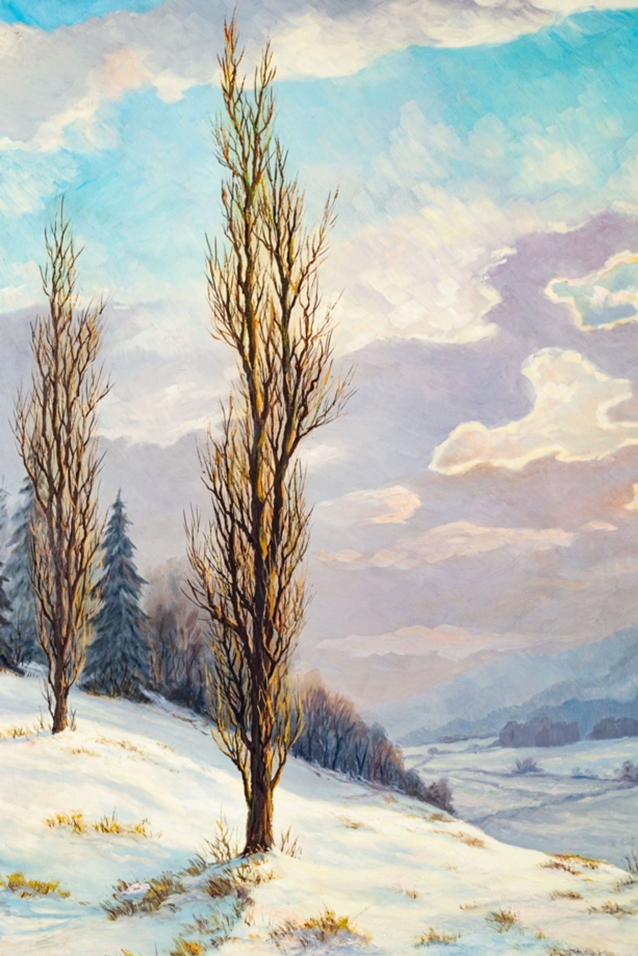 "Winterlandschaft", Gemälde, Öl auf Spanplatte, ca. 120 x 97 cm, signiert unten - Image 4 of 6