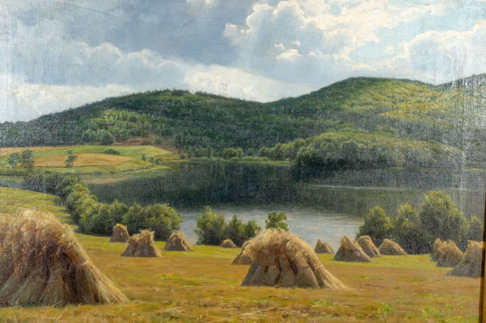 "Strohgarben auf sommerlichem Feld". Gemälde, Öl auf Leinwand, ca. 52 x 67 cm, - Image 3 of 8