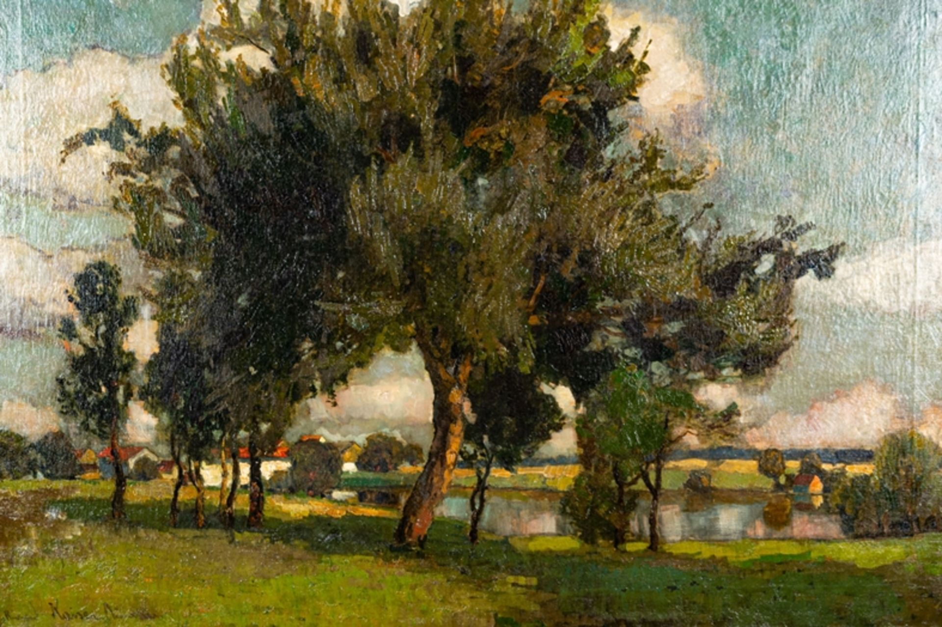 "Sommerliche Flusslandschaft am Dorfrand" - Gemälde, Öl auf Leinwand, ca. 77 x - Image 3 of 8