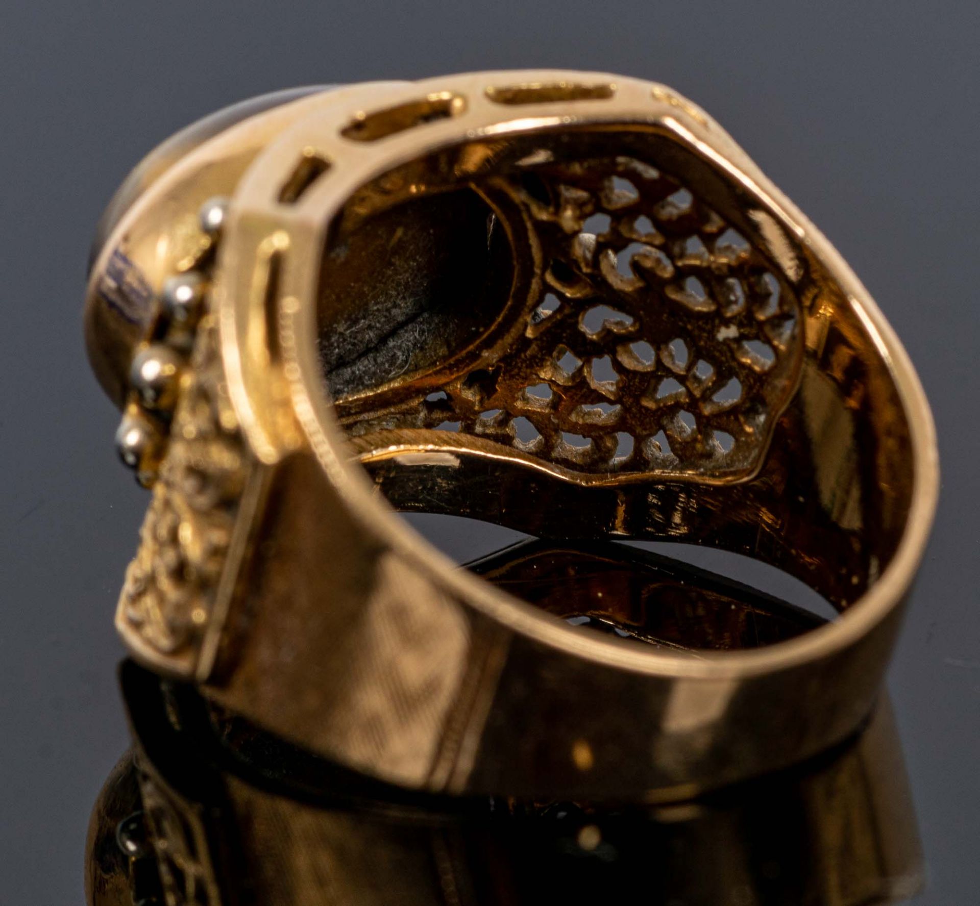 Extravaganter 750er Gelbgold-Unisex-Fingerring mit ovalem Tigerauge-Cabochon be - Bild 6 aus 7