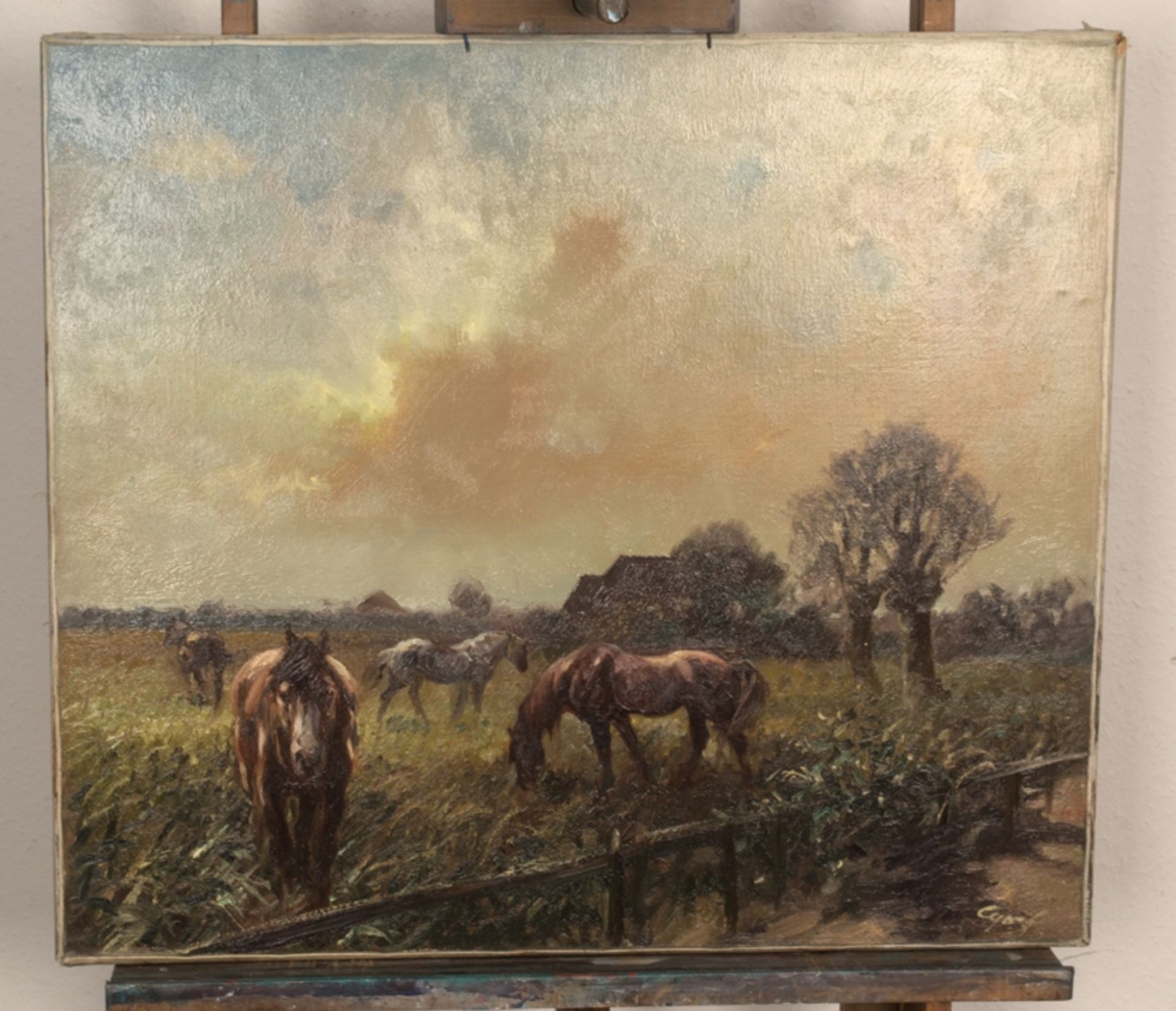 "Grasende Pferde" - Gemälde, Öl auf Leinwand ca. 70 x 80 cm, signiert unten rec - Bild 4 aus 6