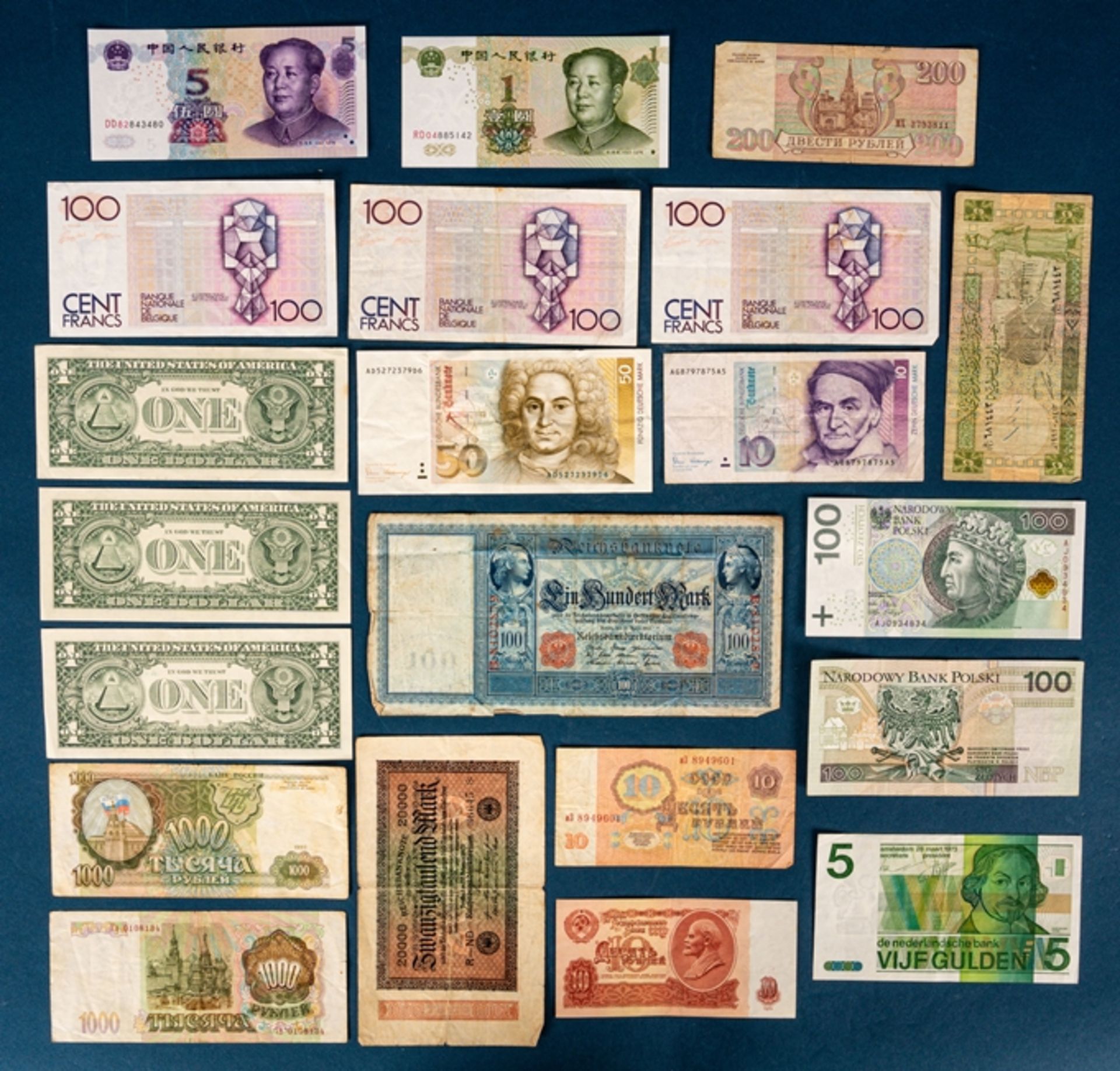 Sammlung von 20 versch. "Banknoten aus aller Welt" u. a. China, Russland, BRD,