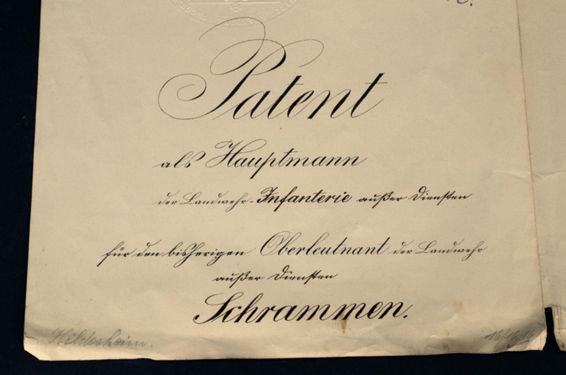 Patent als Hauptmann vom 27. Januar 1916 für Anton Schrammen, Hildesheim. Papie - Image 5 of 6