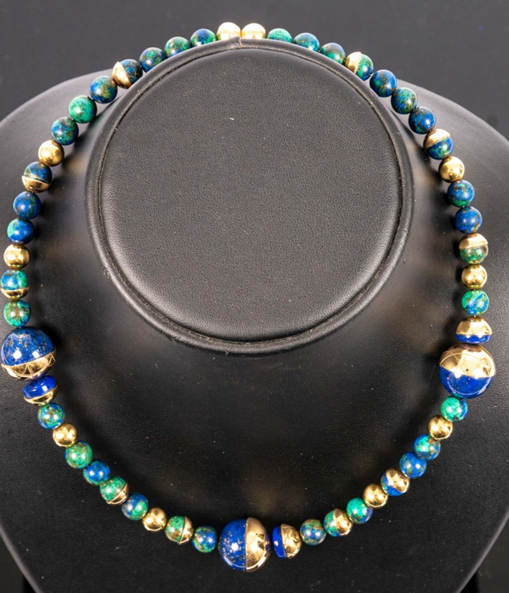 Extravagante Azurit-Halskette, blaugrüne Kugel-Kette mit 750er Gelbgold-Halbkug