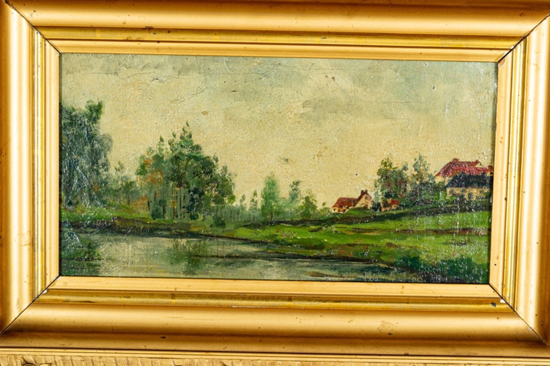 "Idyllisches kleines Dorf mit Weiher"- Laienmalerei um 1900, Öl auf Karton, ca. - Image 3 of 3