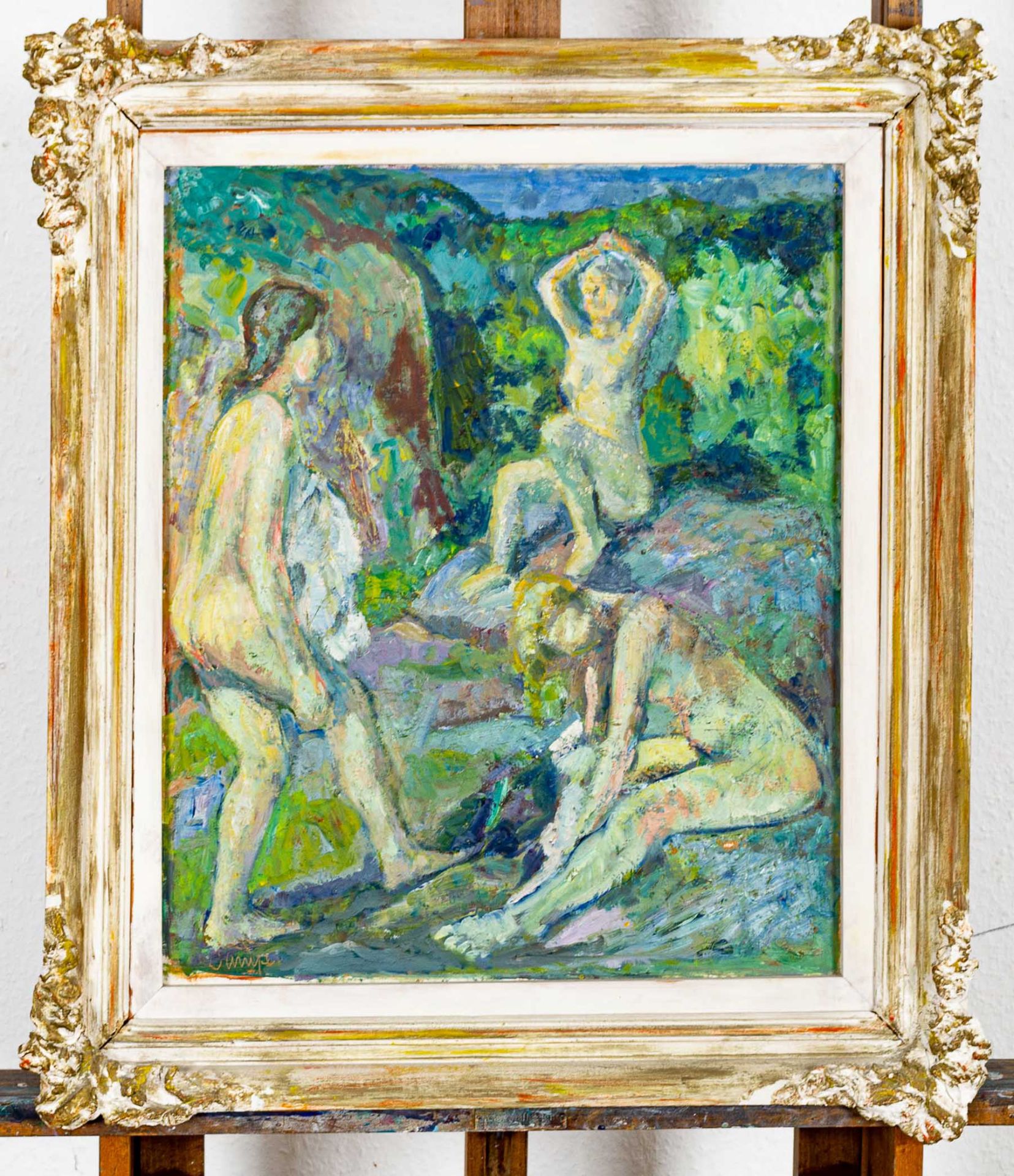 "Nach dem Bade" - Gemälde, Öl auf Hartfaserplatte, ca. 54 x 46 cm, Ritzsignatur