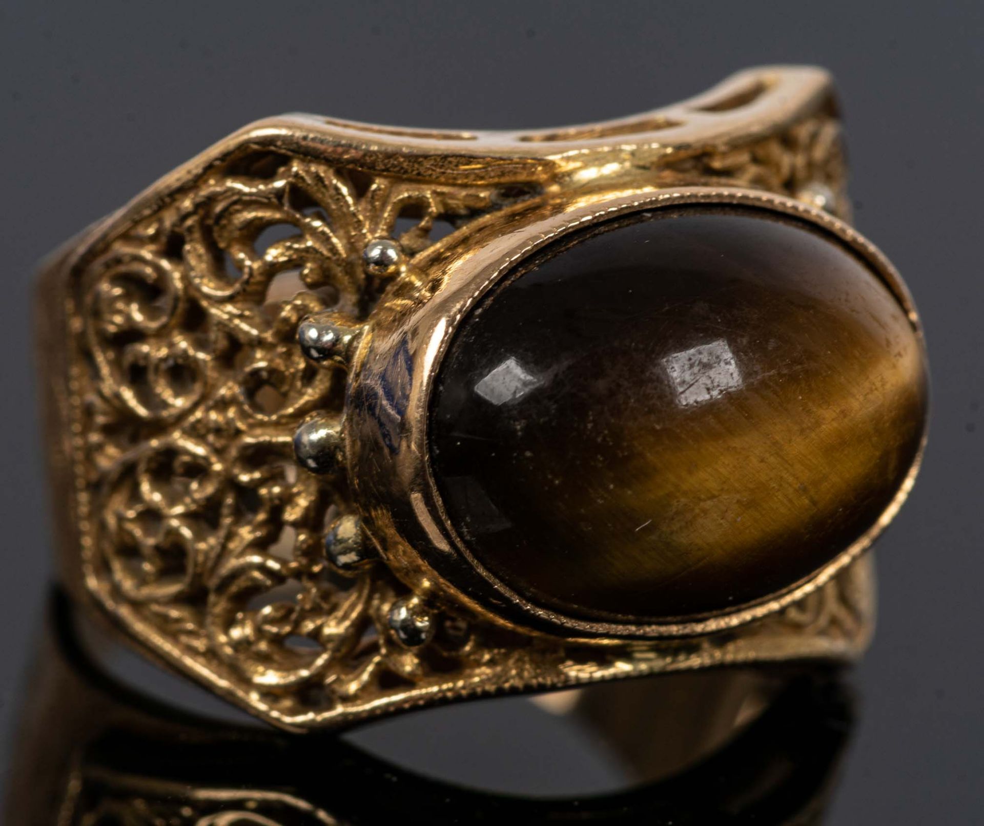 Extravaganter 750er Gelbgold-Unisex-Fingerring mit ovalem Tigerauge-Cabochon be - Image 3 of 7