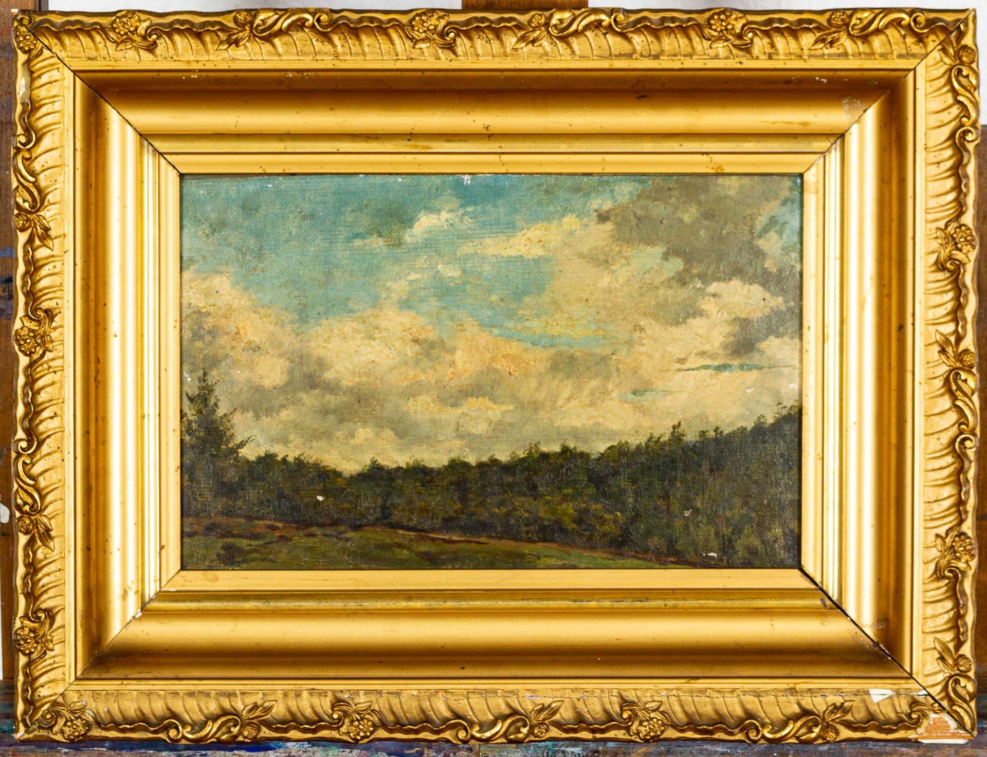 "Waldrand mit hohem Himmel" - Landschaftsgemälde, Öl auf Leinwand, ca. 21 x 33