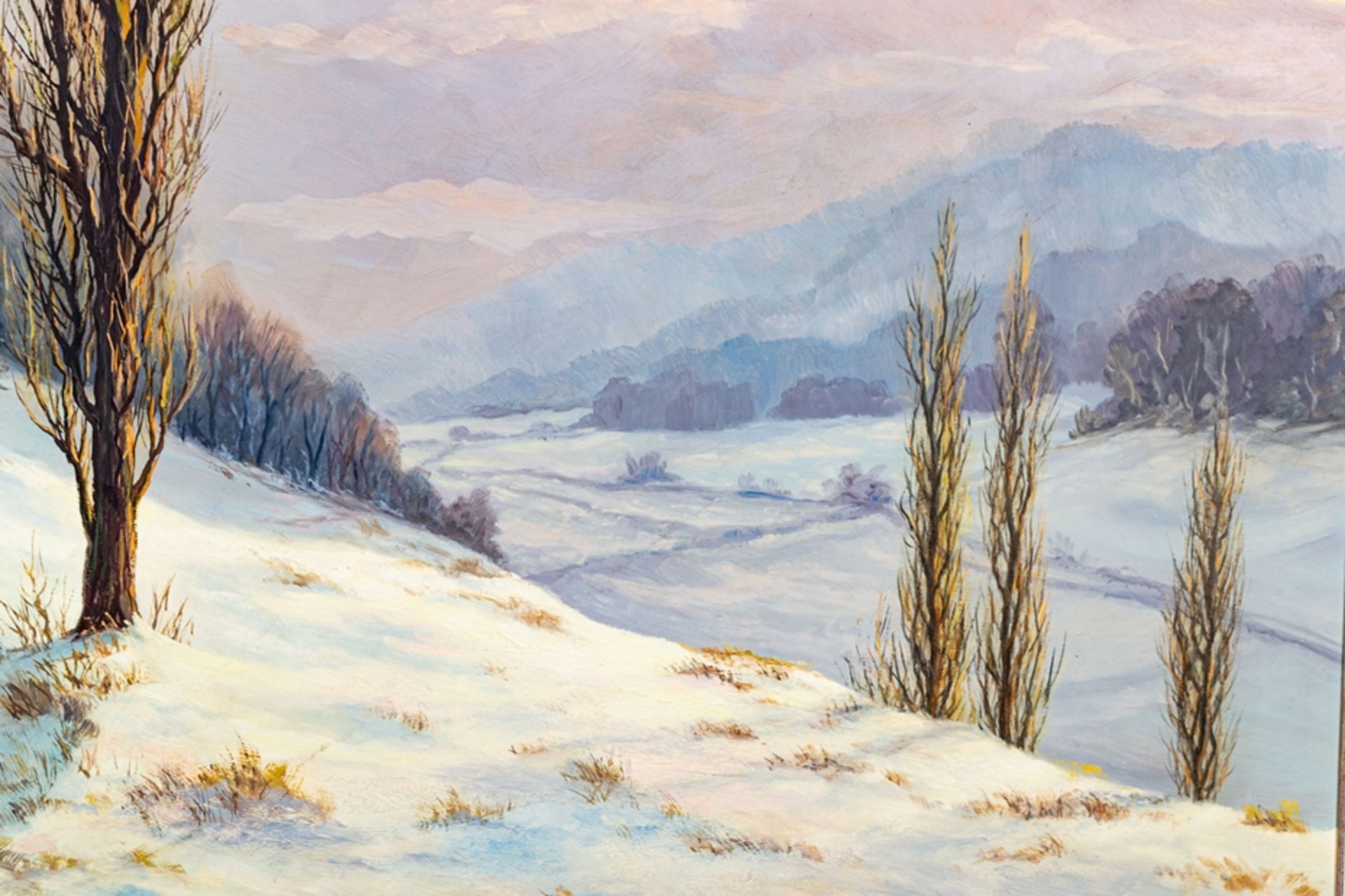 "Winterlandschaft", Gemälde, Öl auf Spanplatte, ca. 120 x 97 cm, signiert unten - Image 2 of 6