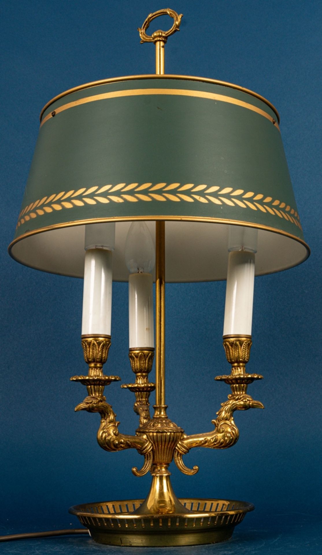 Stilvolle dreiarmige Tischlampe im engl. Stil, grün-gold staffierter Metalllamp - Image 3 of 7