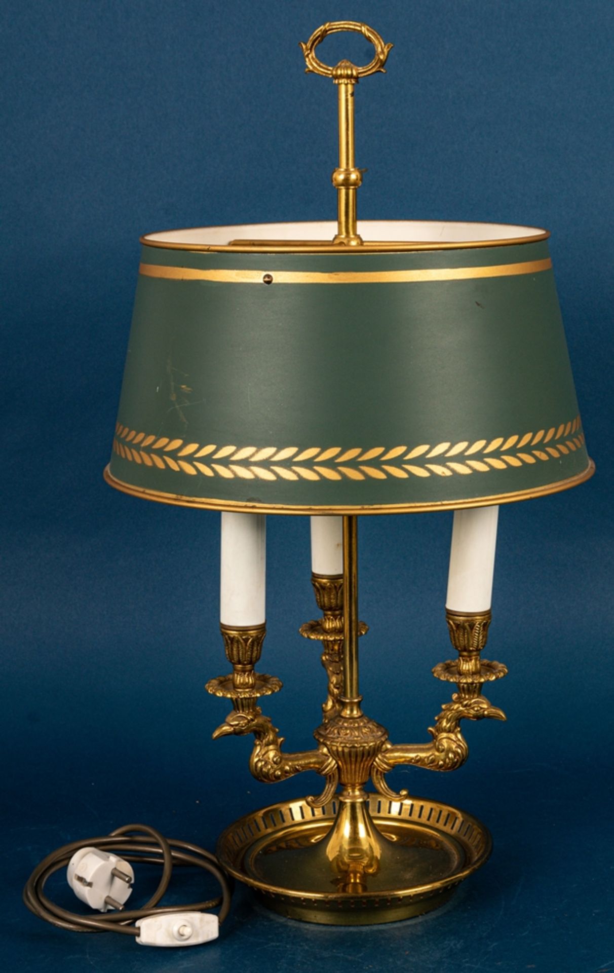 Stilvolle dreiarmige Tischlampe im engl. Stil, grün-gold staffierter Metalllamp - Image 4 of 7