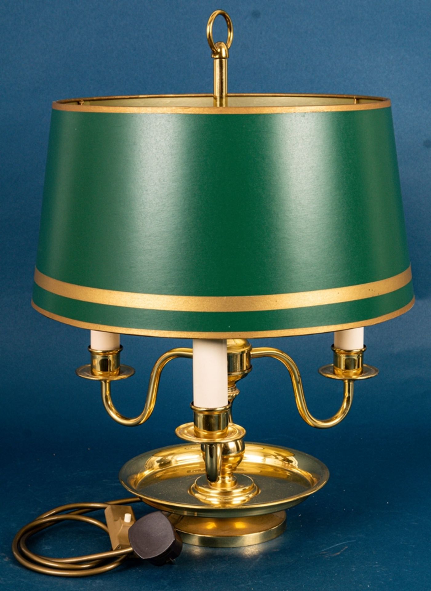 Stilvolle dreiarmige Tischlampe im englischen Stil, Messing, grün-goldener Kuns - Bild 4 aus 7