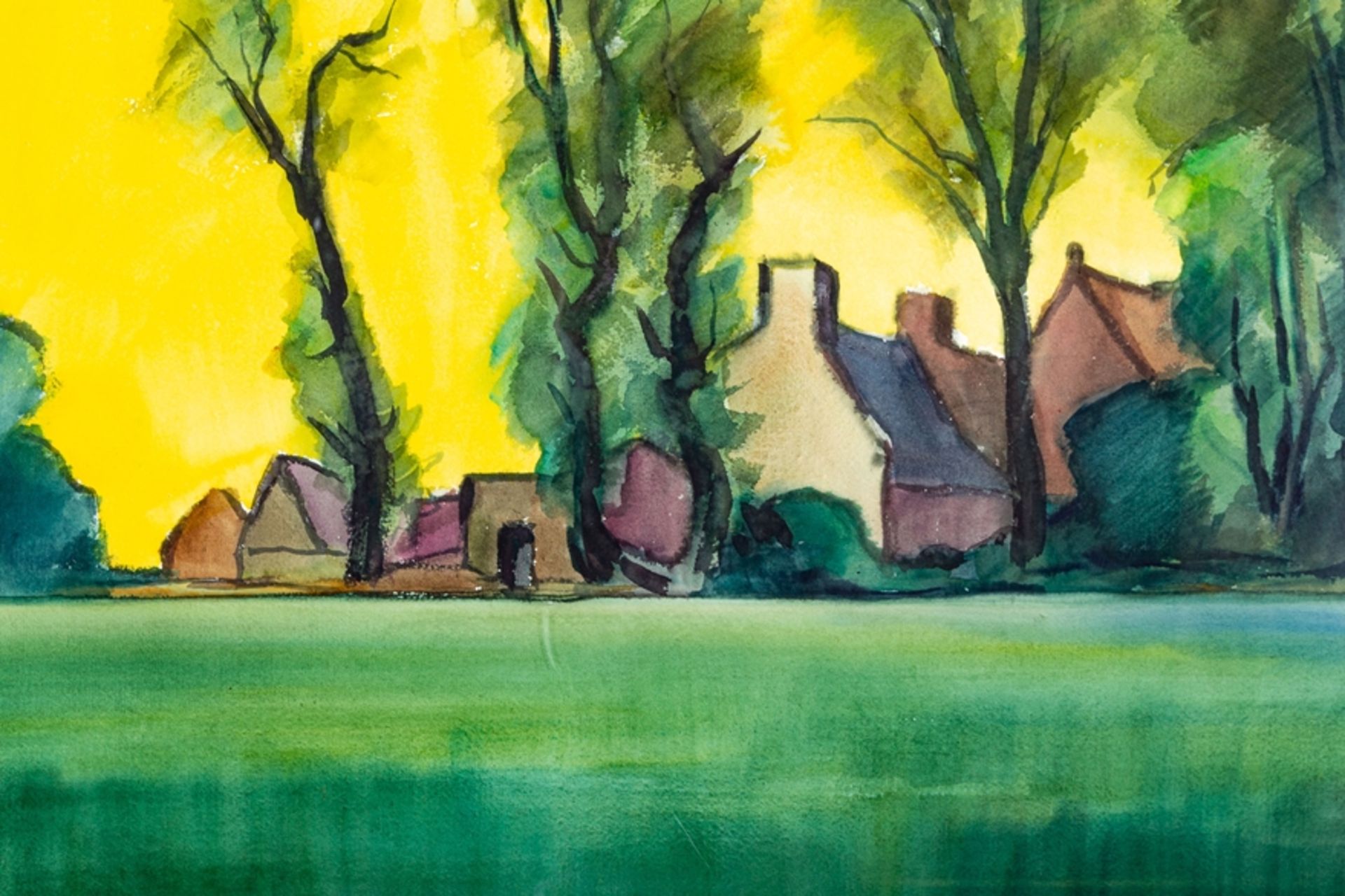 "Niederrheinisches Dorf", hinter Glas in Passepartout gerahmtes Aquarell, ca. 5 - Image 3 of 5