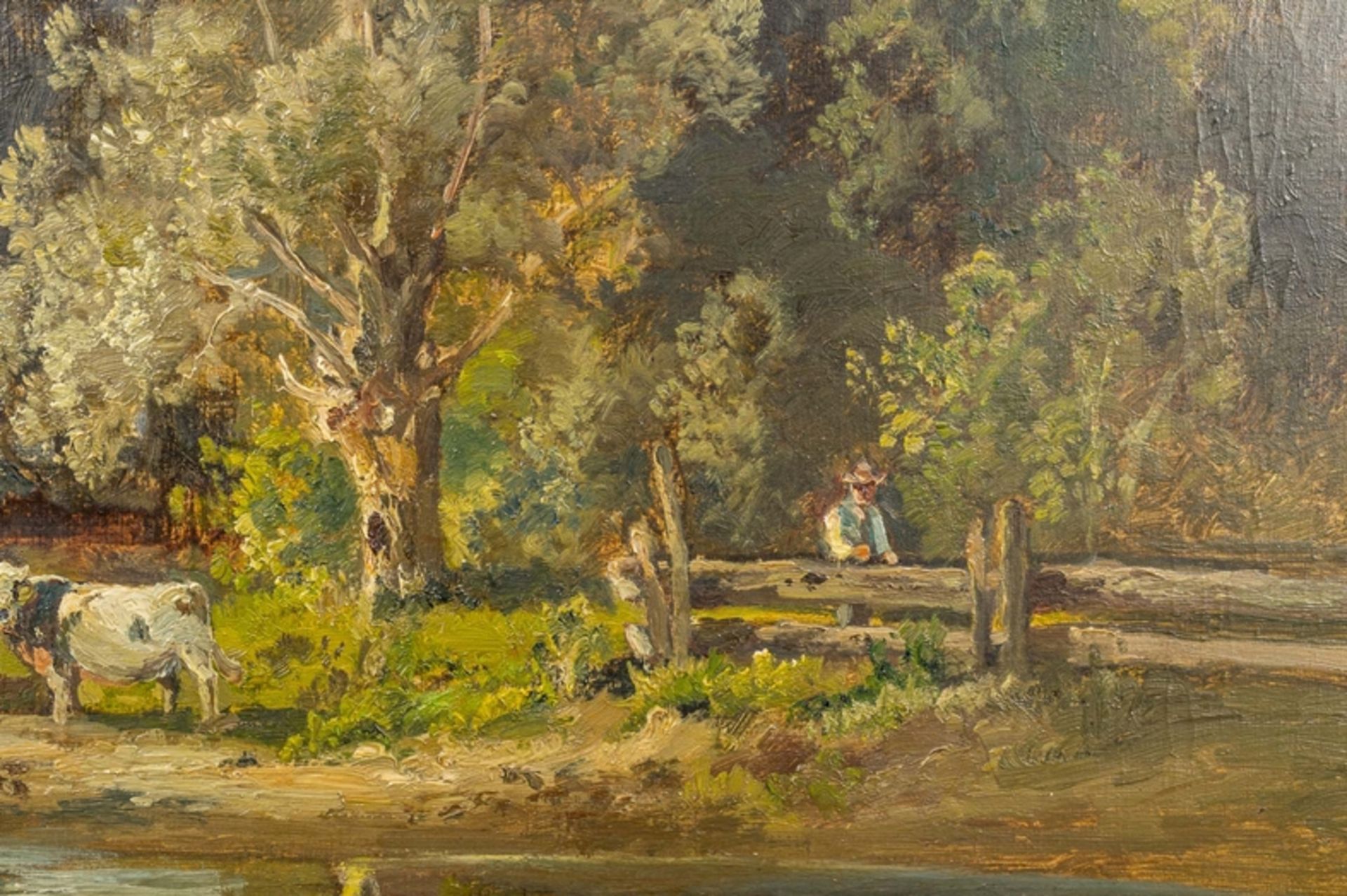 "Sommerliche Flusslandschaft mit Kühen", Öl auf Leinwand, ca. 70 x 100 cm, unte - Image 4 of 8