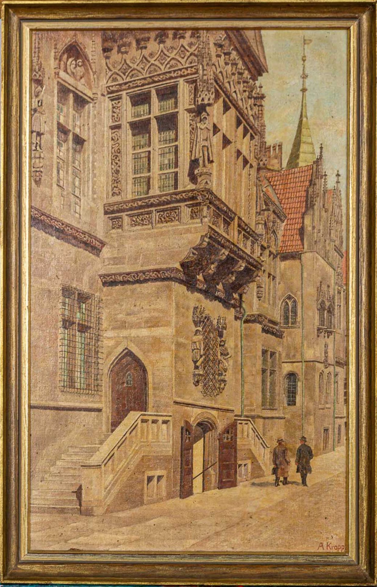 "Altstadt Straßenszene", Breslau ?, Gemälde, Öl auf Hartfaserplatte, ca. 38 x 2