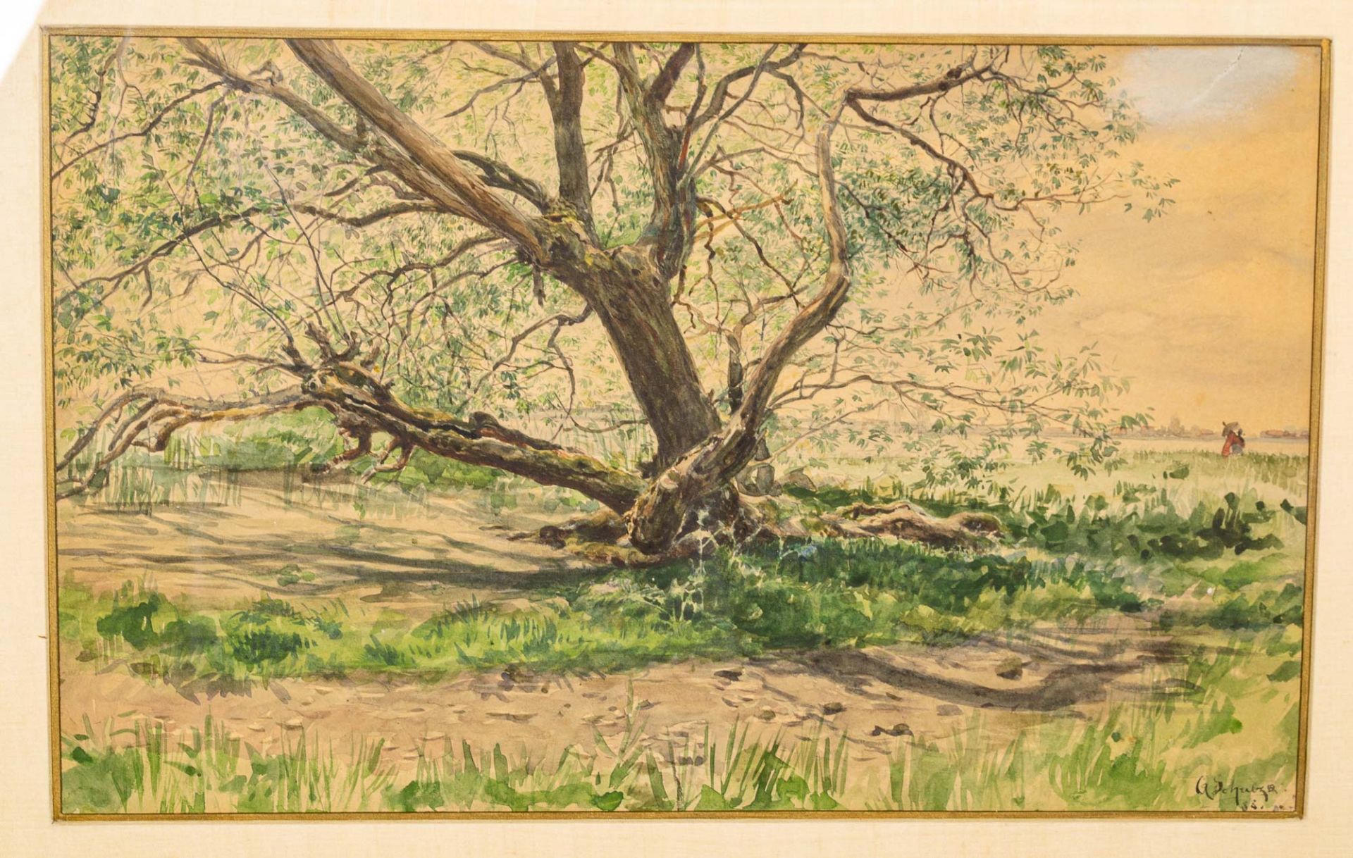 "Sommerliche baumbestandene Uferlandschaft". Aquarell auf Papier, ca. 27 x 43 c - Bild 2 aus 7