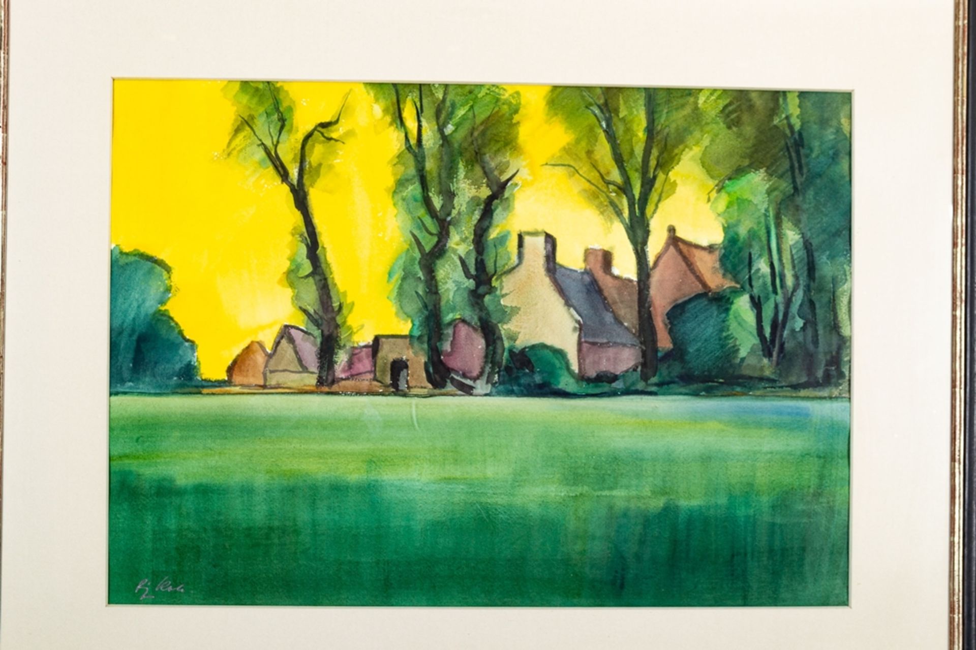 "Niederrheinisches Dorf", hinter Glas in Passepartout gerahmtes Aquarell, ca. 5 - Image 2 of 5