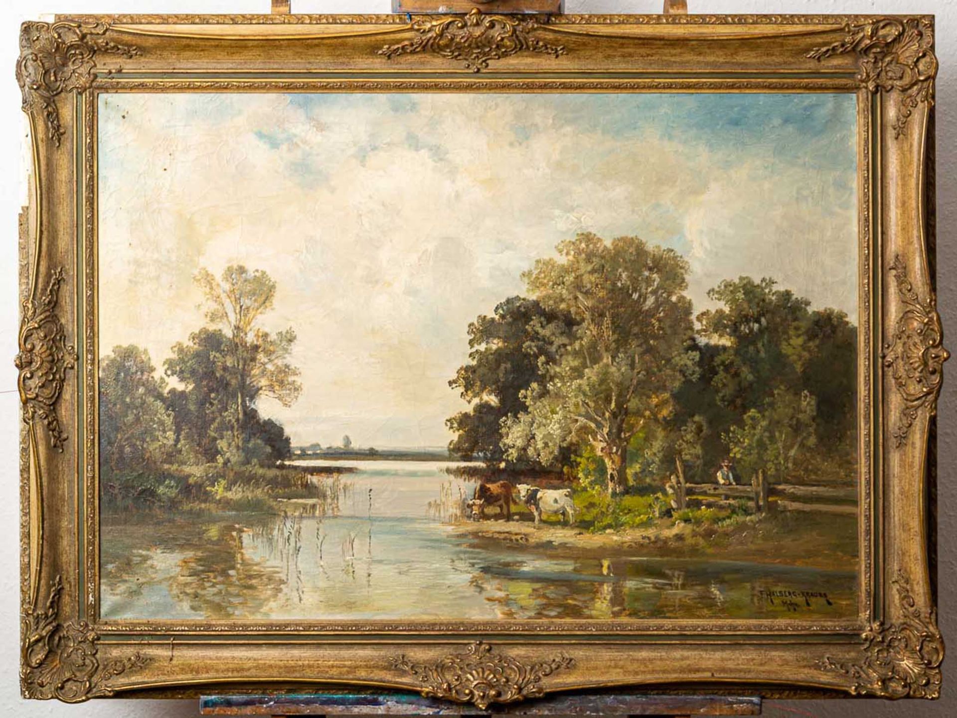 "Sommerliche Flusslandschaft mit Kühen", Öl auf Leinwand, ca. 70 x 100 cm, unte