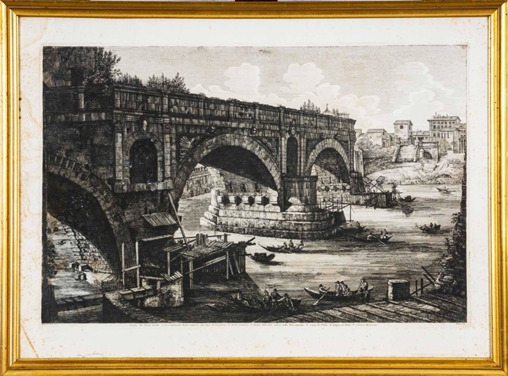 "Veduta Del Ponto Rotto" - Roma 1822. Hinter Glas gerahmte Radierung des Luigi