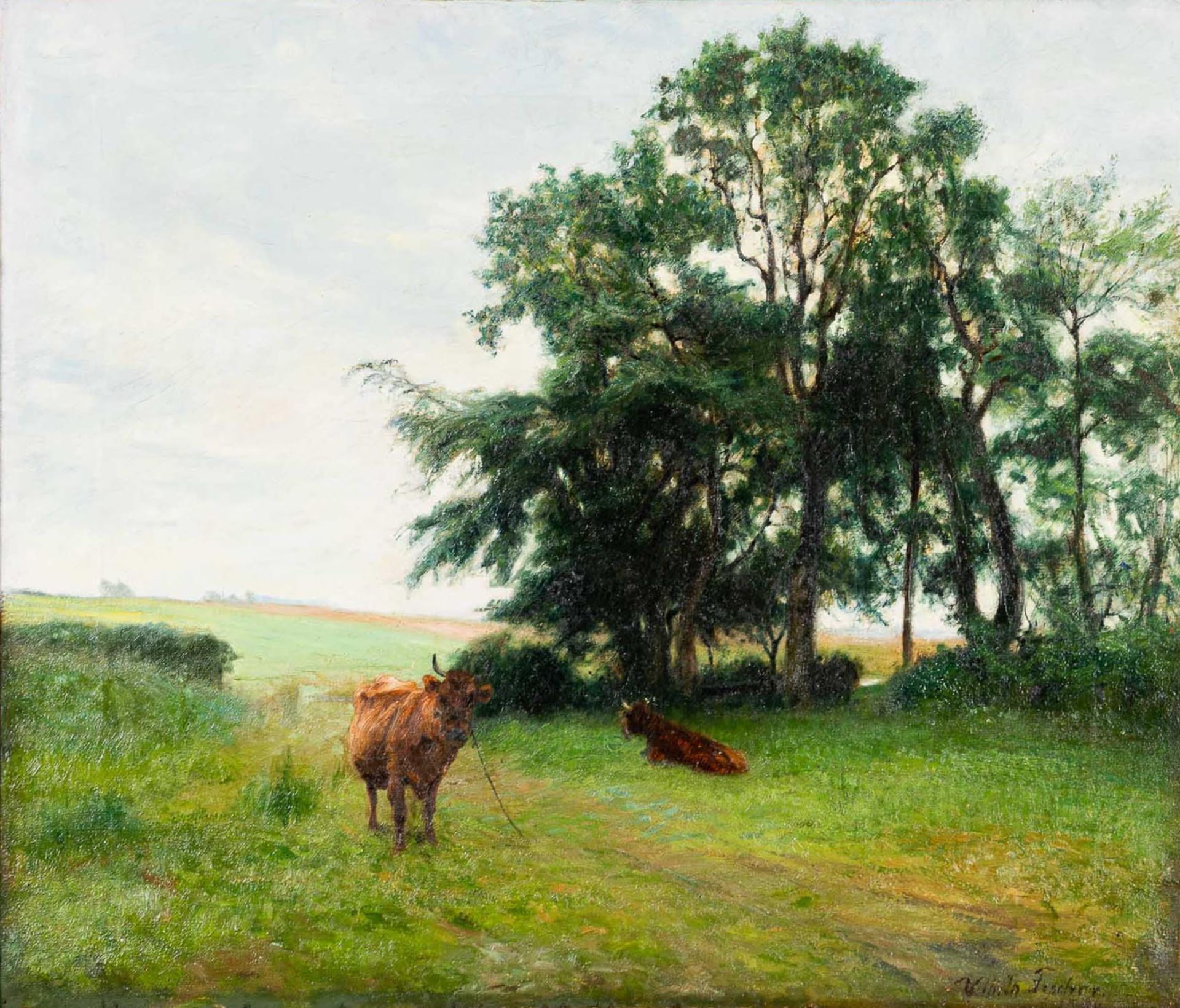 "Sommerliche Landschaft mit Kühen", Gemälde Öl auf Leinwand, ca. 55 x 63 cm, un - Bild 2 aus 16
