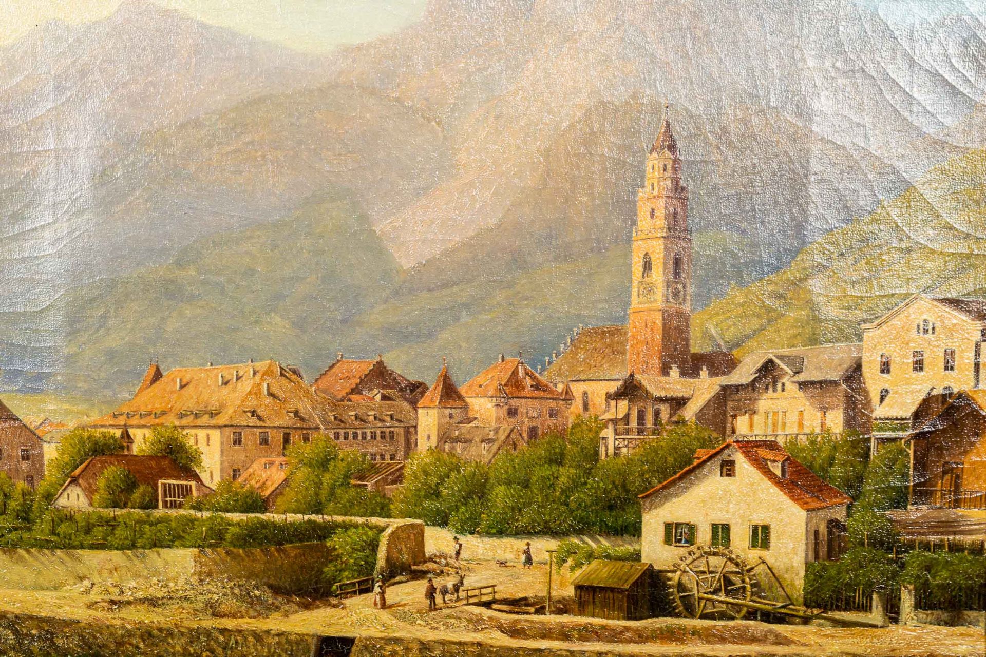 "Sommerliches Flussufer mit Stadtansicht", Gemälde Öl auf Leinwand. Detailreich - Bild 2 aus 13