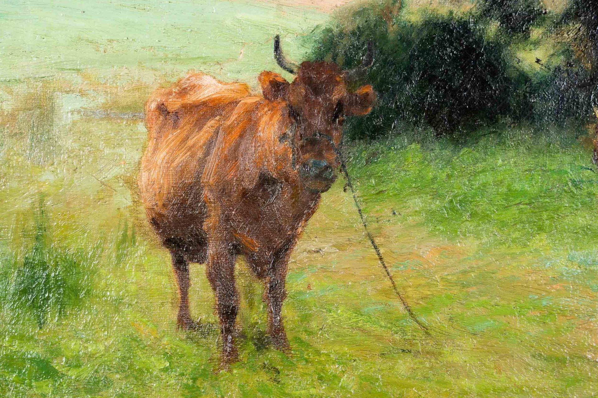 "Sommerliche Landschaft mit Kühen", Gemälde Öl auf Leinwand, ca. 55 x 63 cm, un - Bild 11 aus 16