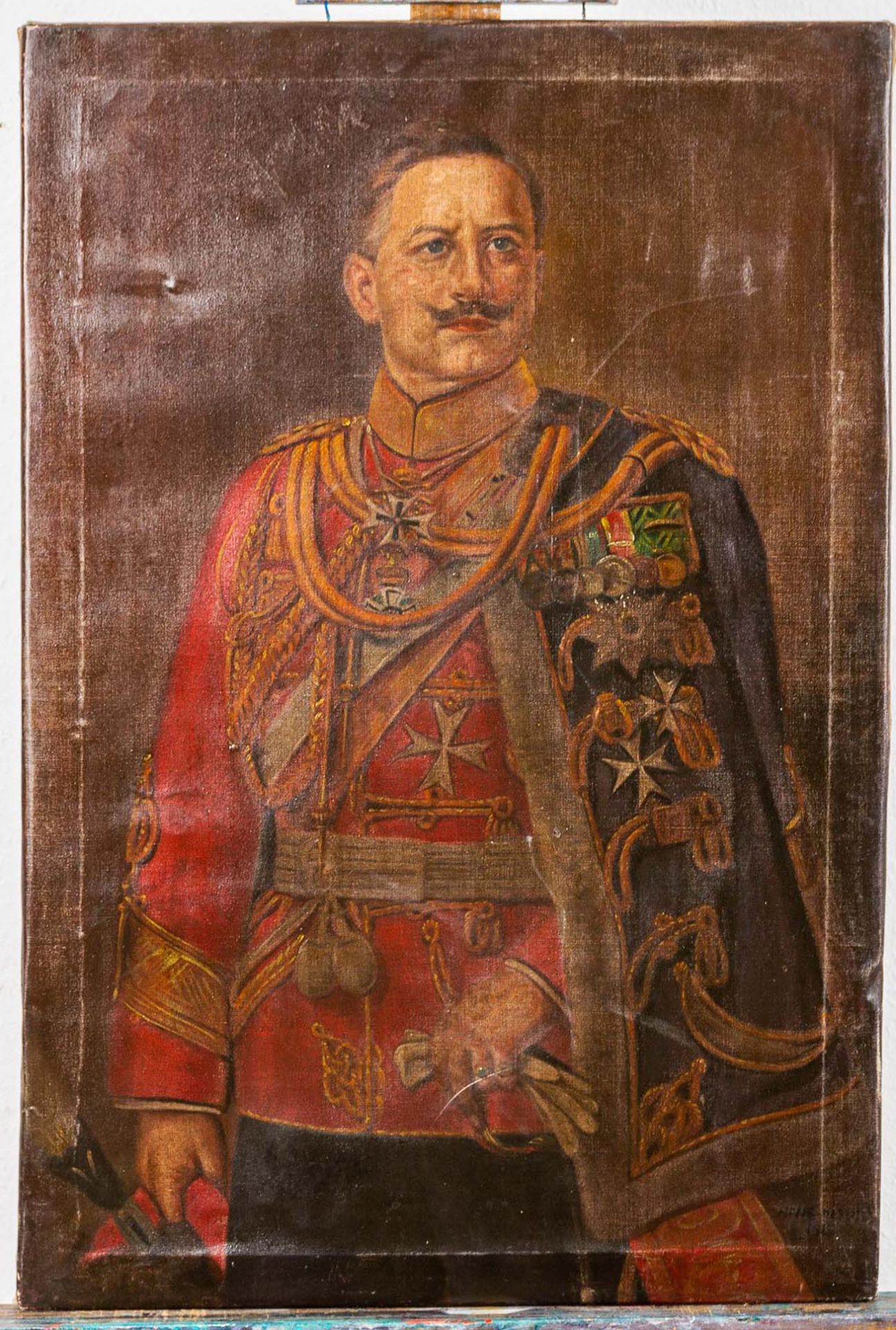 Kaiser Wilhelm II in Paradeuniform mit reichem Ordensbehang. Gemälde Öl auf Lei