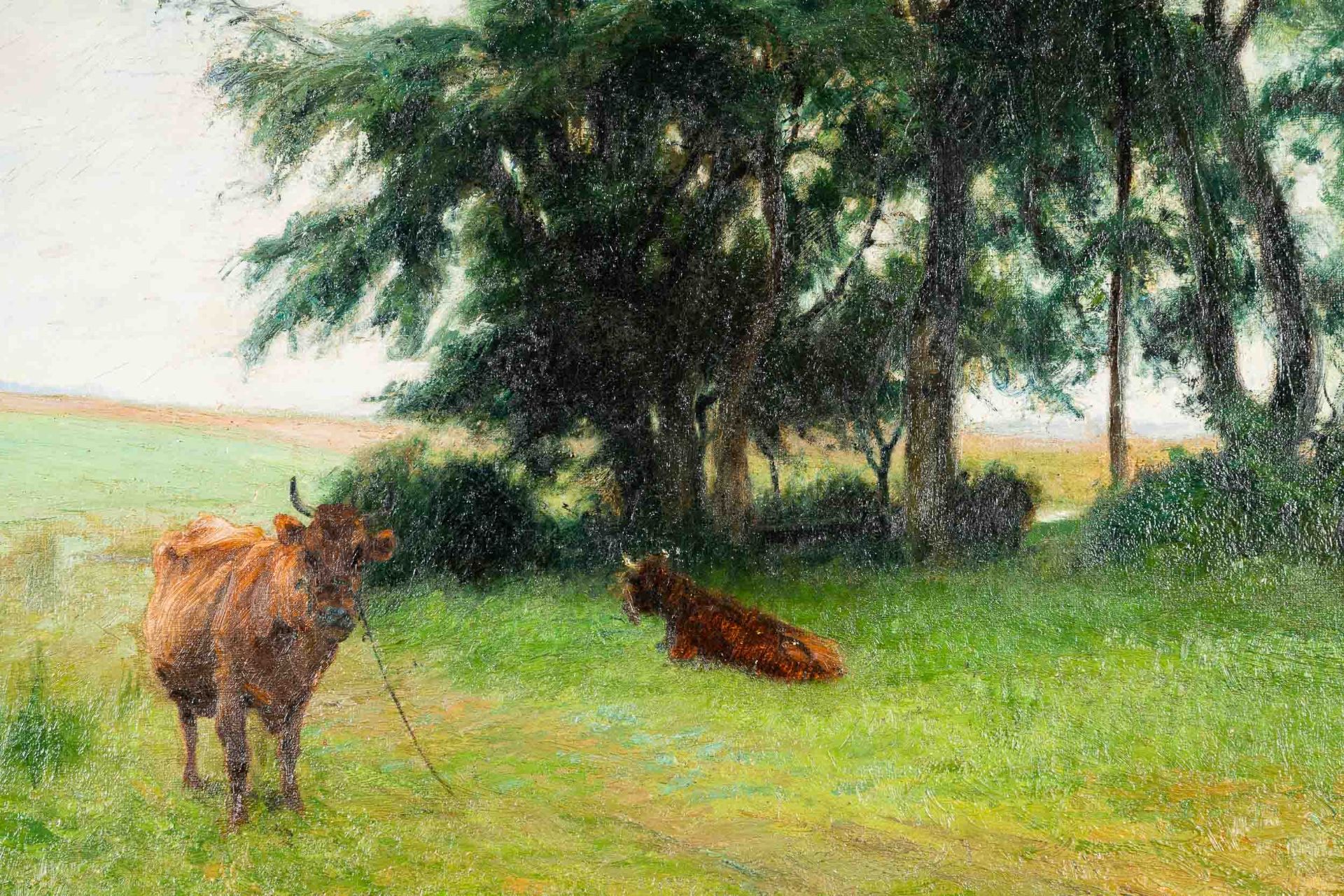 "Sommerliche Landschaft mit Kühen", Gemälde Öl auf Leinwand, ca. 55 x 63 cm, un - Bild 6 aus 16