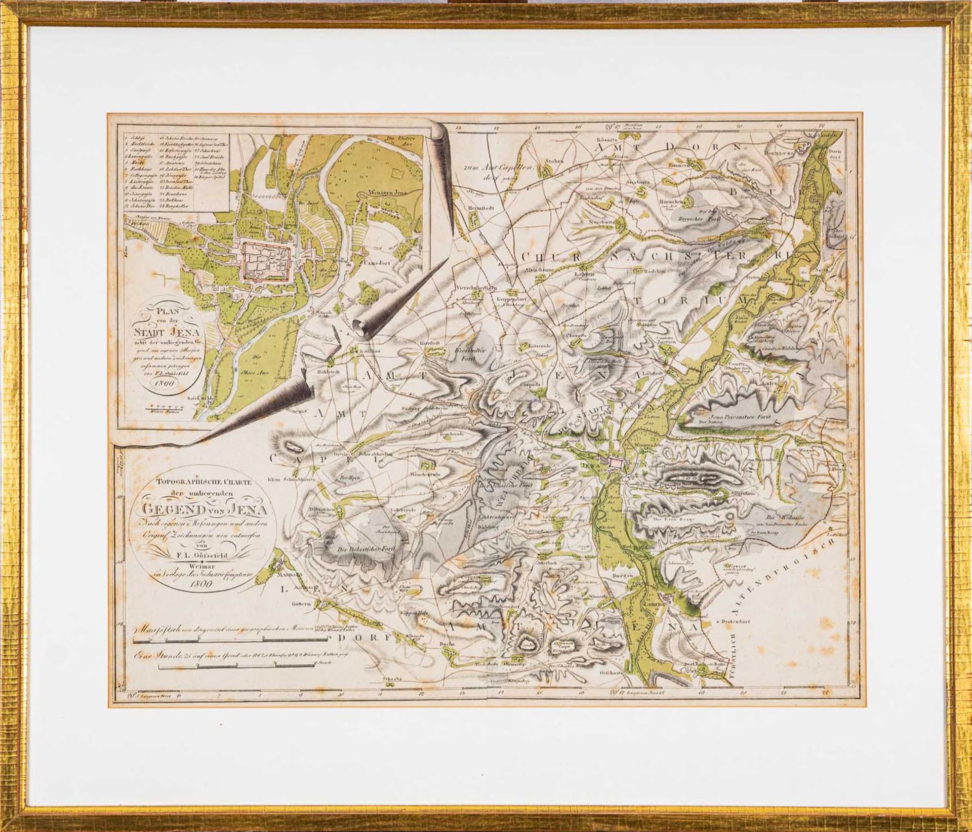 "Plan von der Stadt Jena....1800", teilkolorierter, hinter Glas gerahmter Stadt