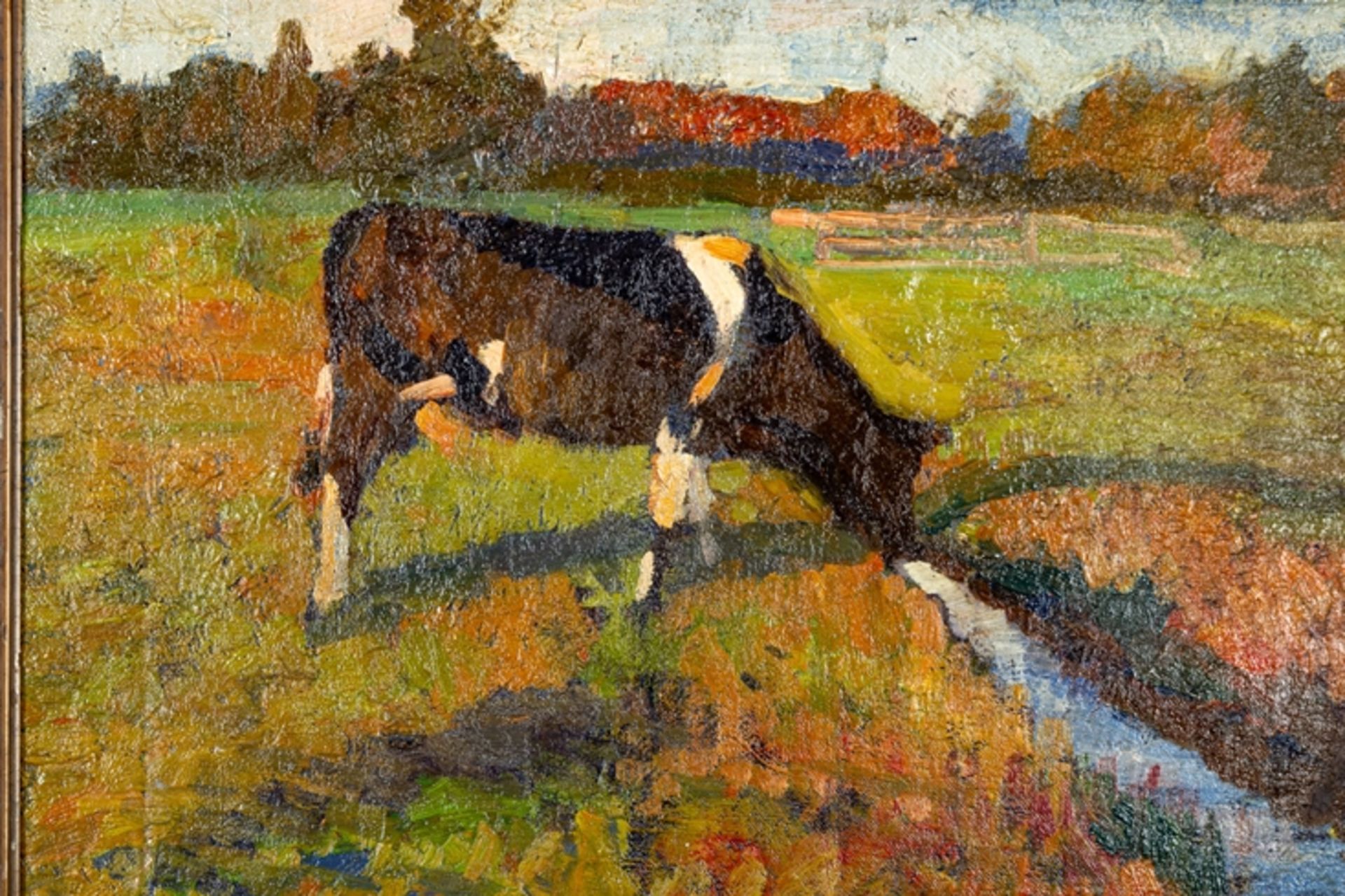"Ihren Durst stillende Kuh" - Gemälde der 1920er/30er Jahre. Ca. 33 x 40 cm, Öl - Bild 3 aus 7