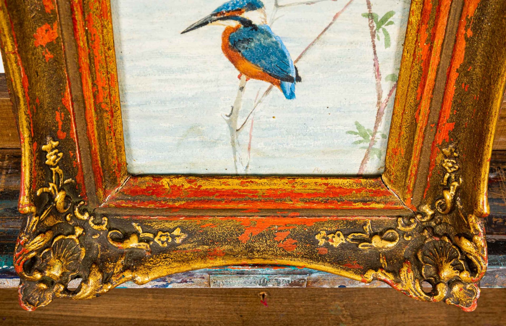 "Der Eisvogel", hinter Glas gerahmtes Aquarell eines auf dem Ast sitzenden, auf - Bild 4 aus 7