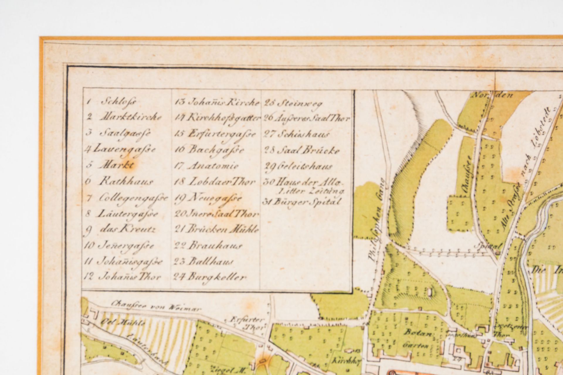 "Plan von der Stadt Jena....1800", teilkolorierter, hinter Glas gerahmter Stadt - Image 3 of 14