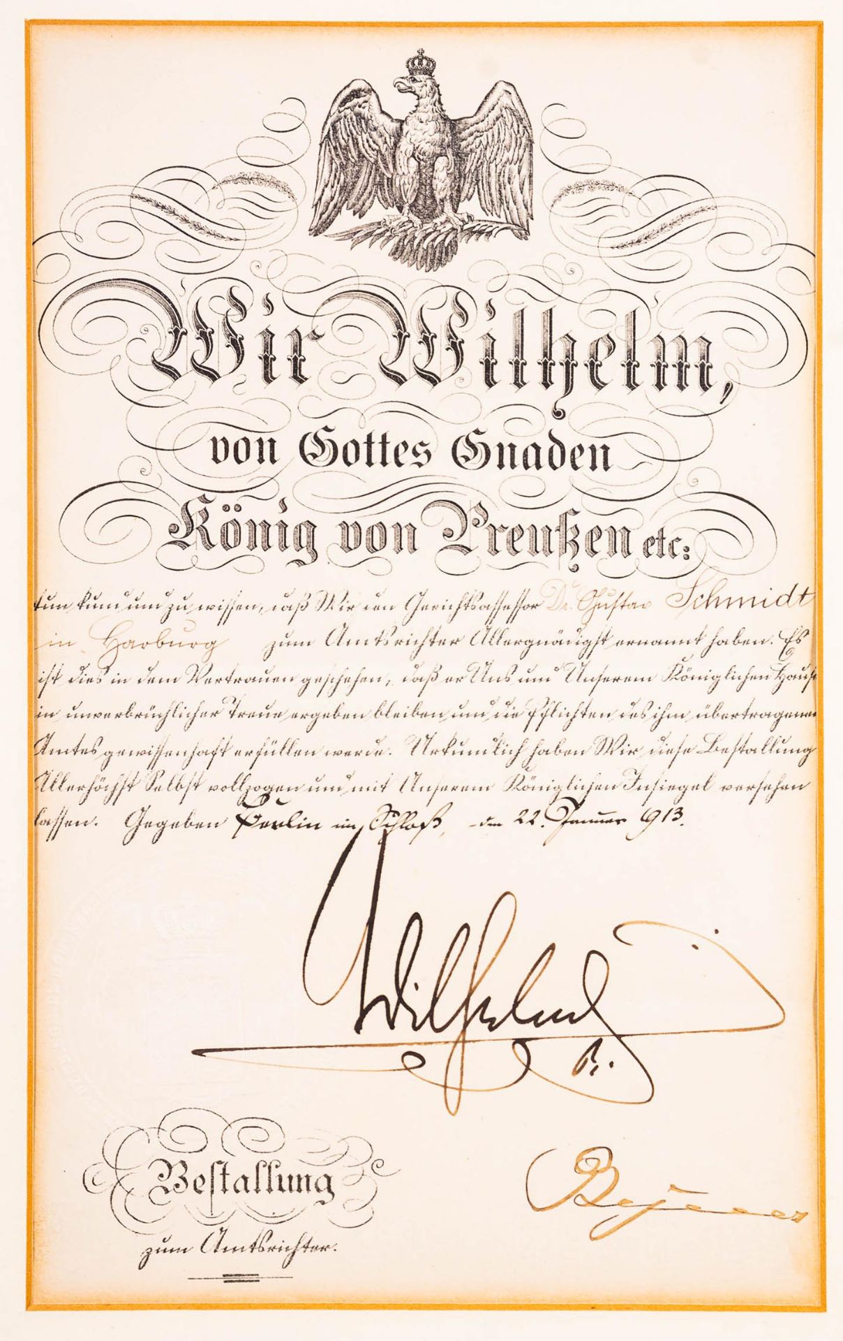 "Bestallung zum Amtsrichter von 1913", hinter Glas gerahmte Bestallungsurkunde - Image 2 of 9